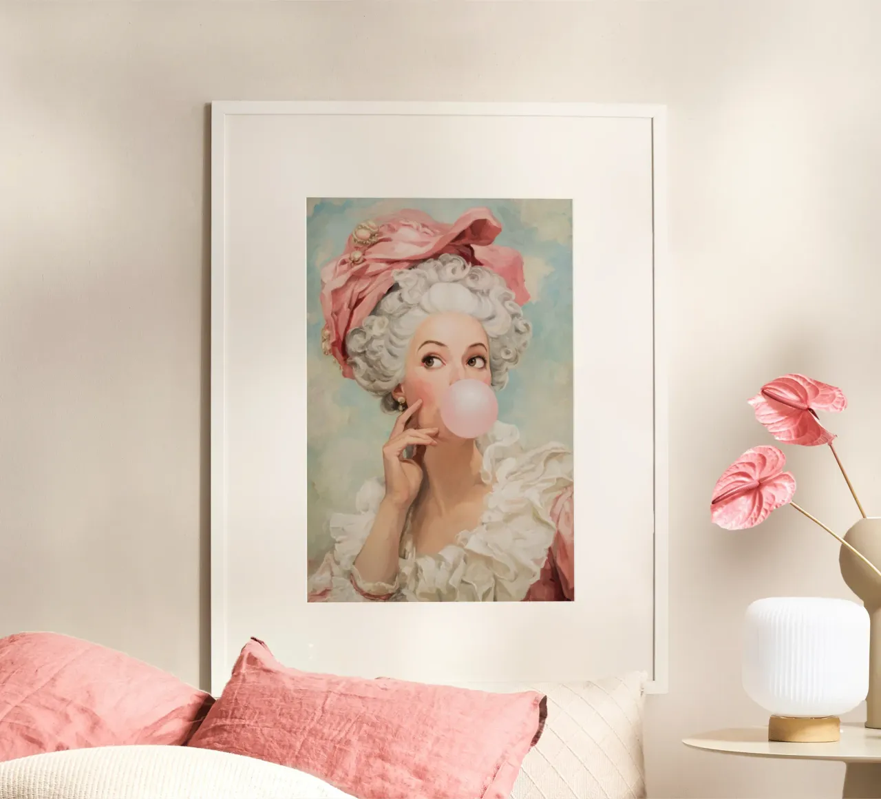 Madame Pompadur che soffia una gomma da masticare rosa poster con telaio in alluminio da Modern Muse