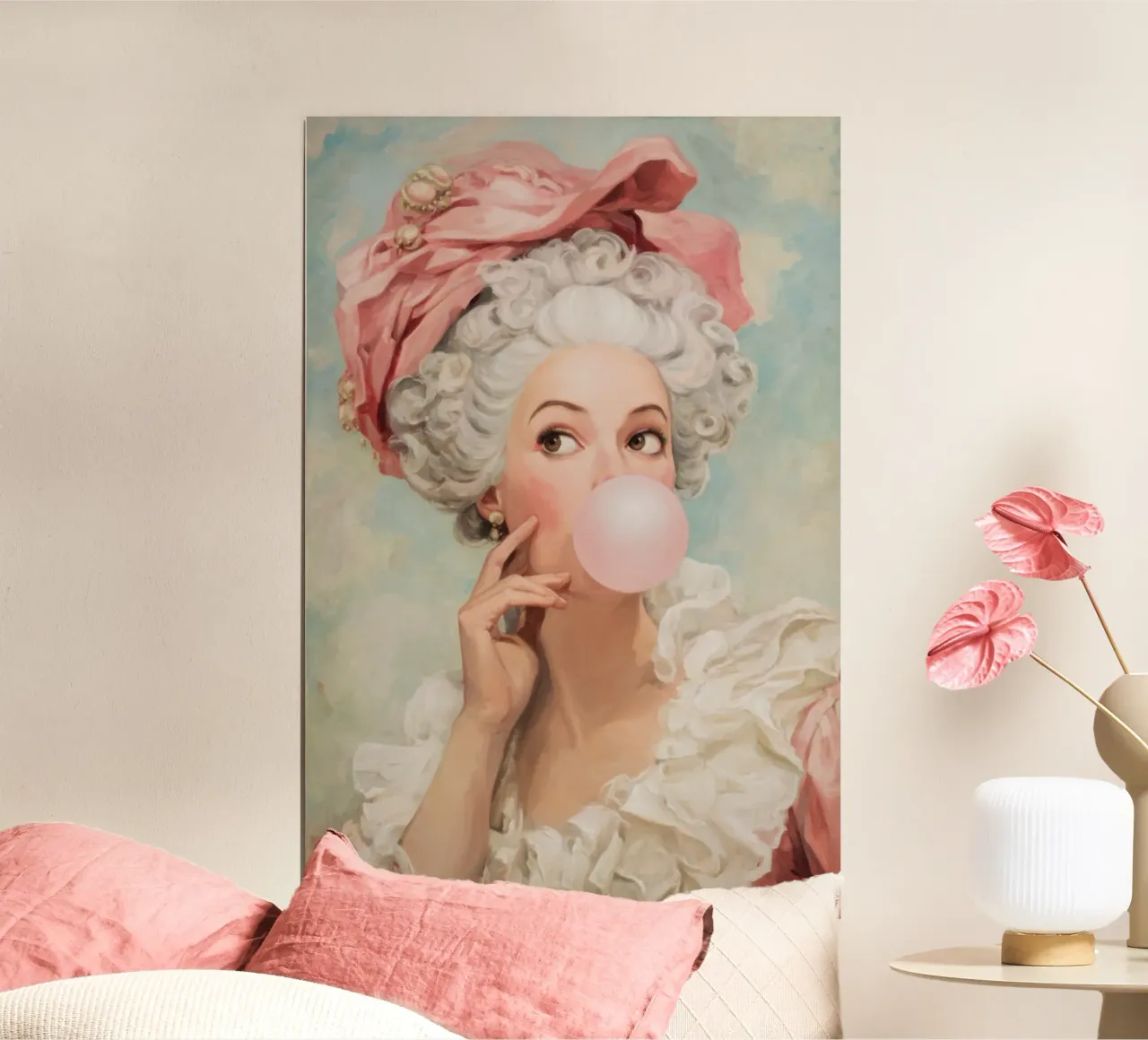 Madame Pompadur che soffia una gomma da masticare rosa poster con telaio in alluminio da Modern Muse