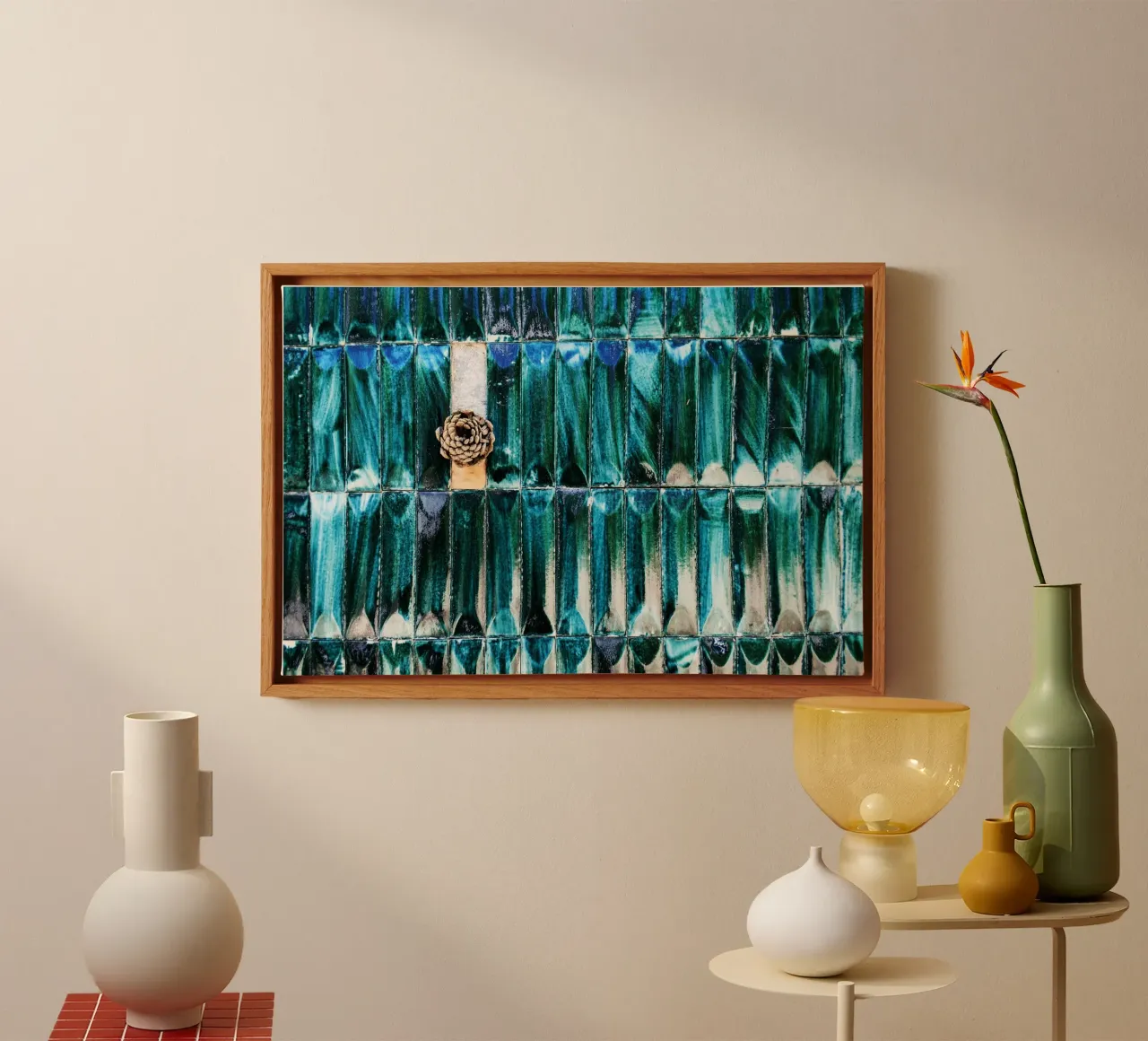 Pared de azulejos azules con piña - Textured Abstract Prin lienzo con Marco flotante de jay