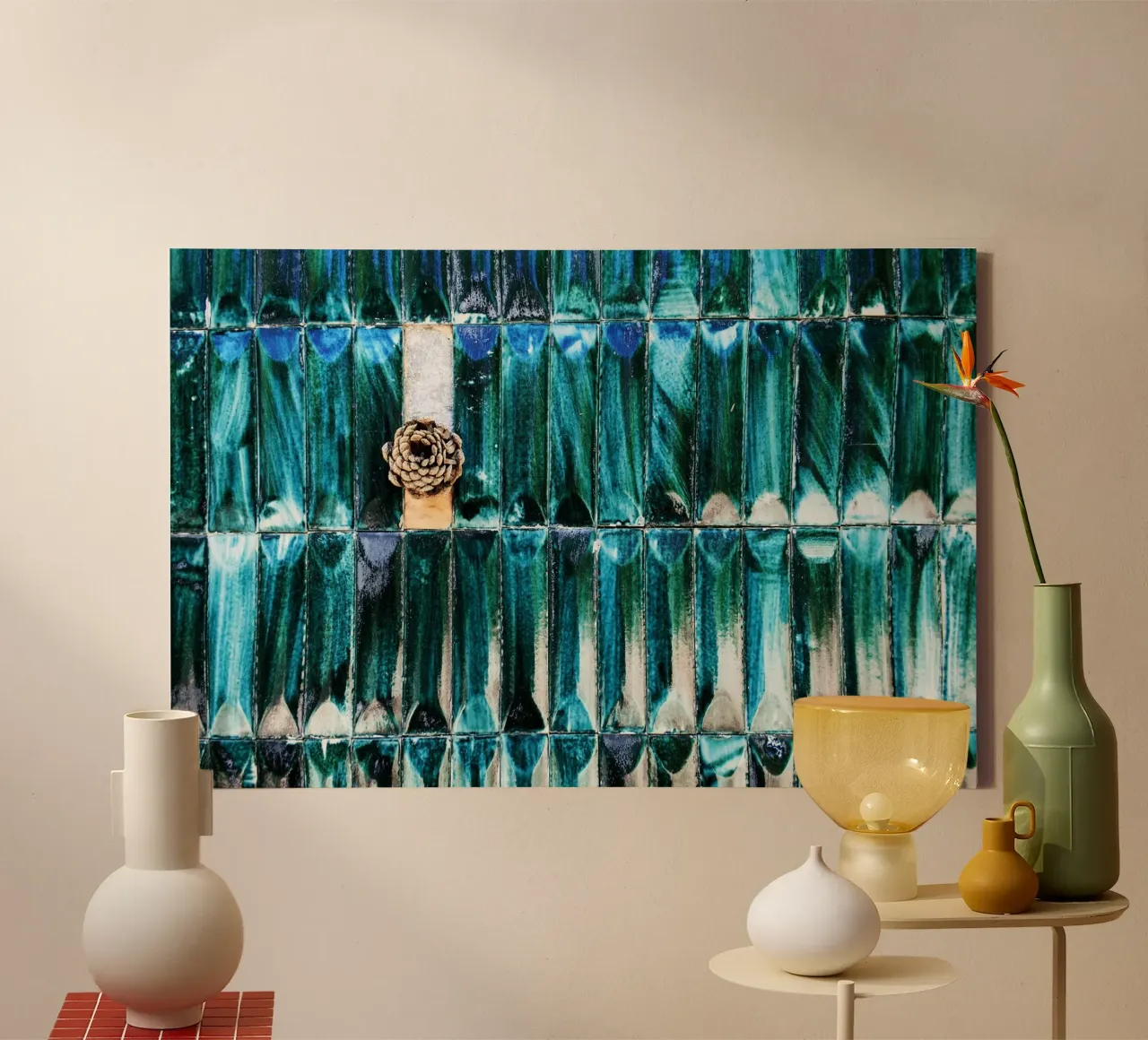 Pared de azulejos azules con piña - Textured Abstract Prin lienzo con Marco flotante de jay