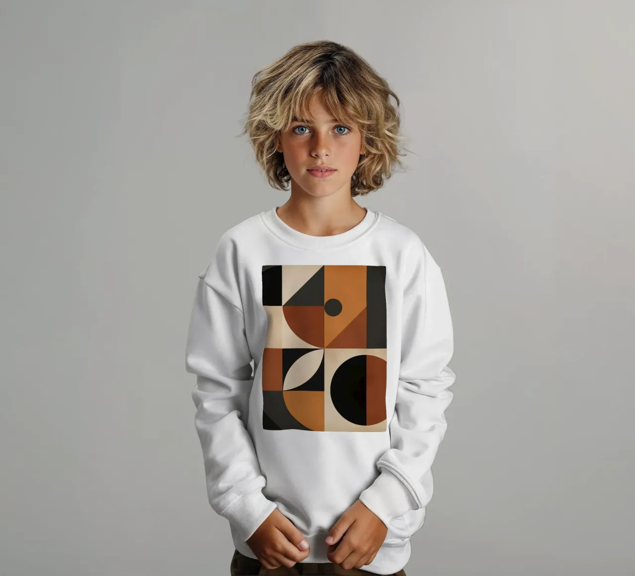 Abstract Geometric Composition with Squares Circles and Tria kids sweatshirt by DesignDoodle
