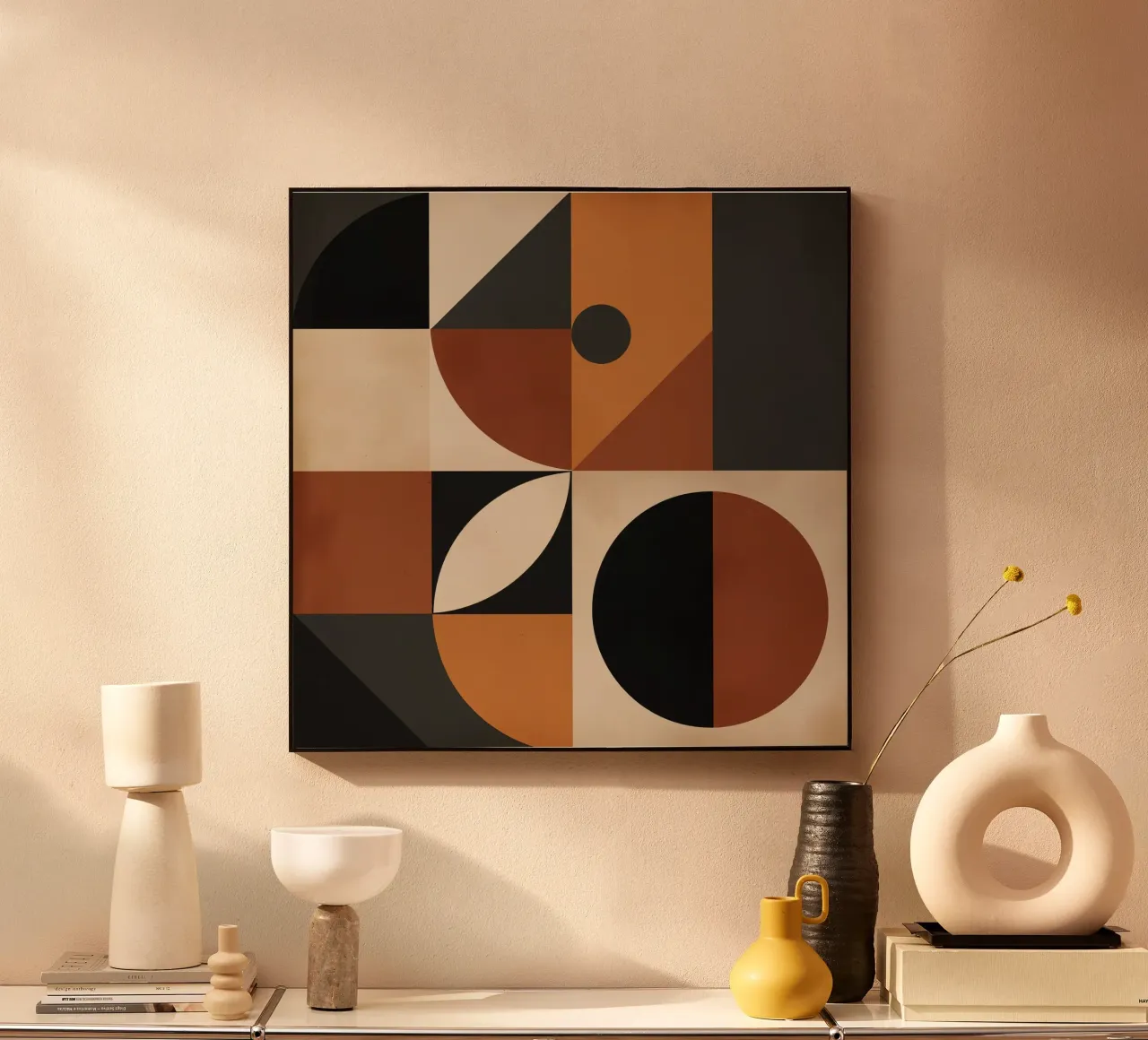 Composición geométrica abstracta con cuadrados, círculos y triángulos metacrilato de DesignDoodle