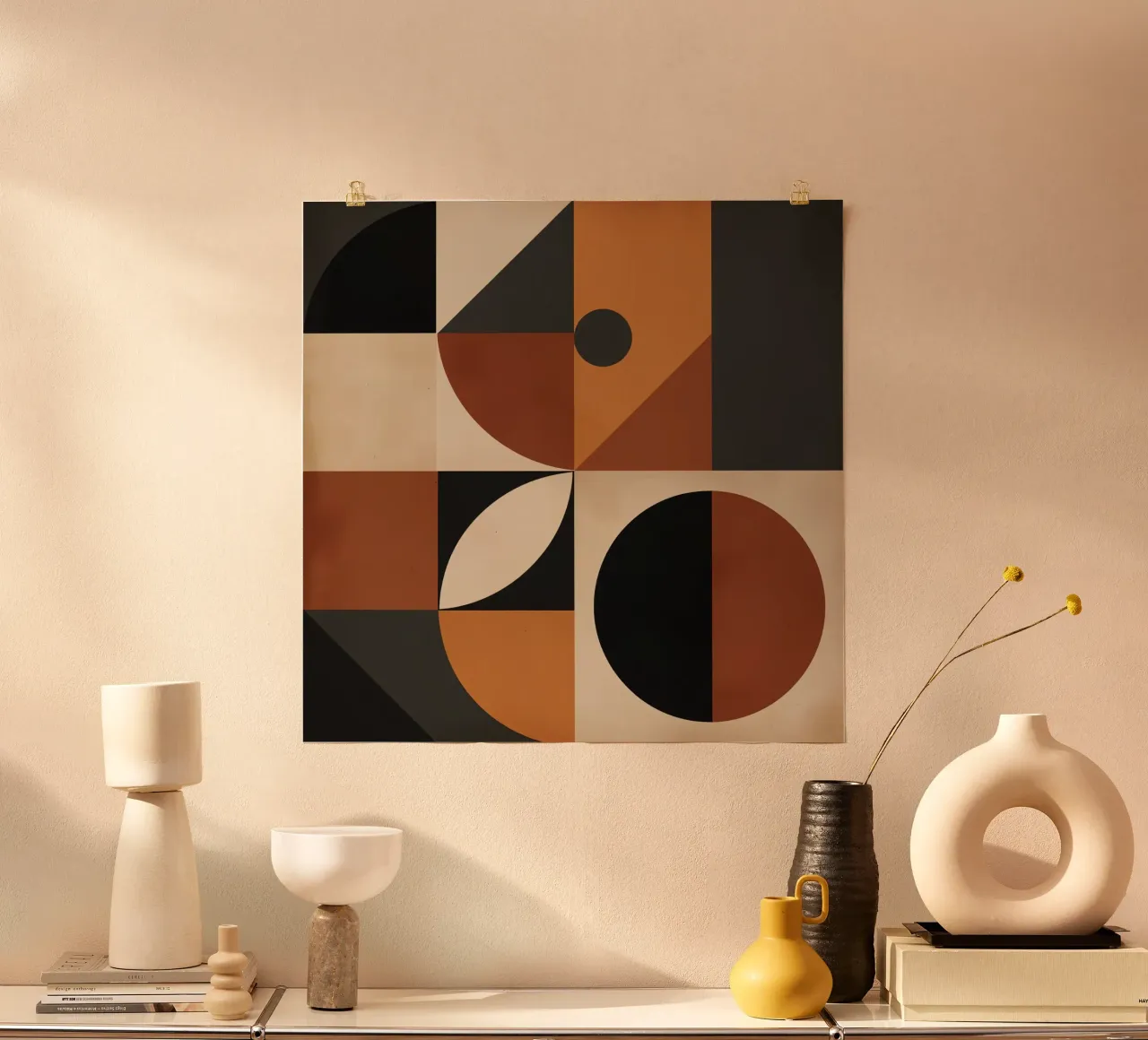 Abstract Geometric Composition with Squares Circles and Tria poster by DesignDoodle
