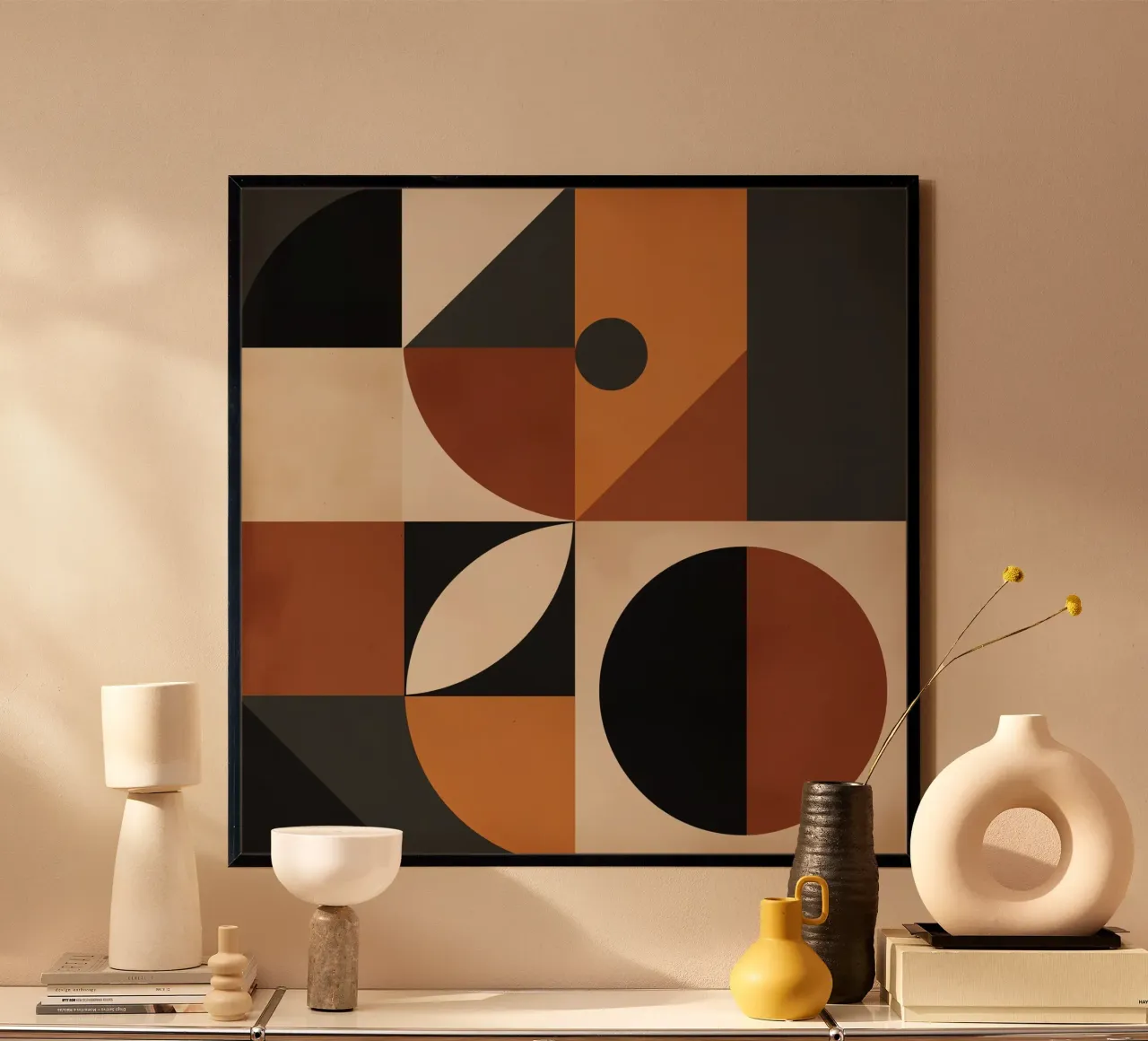 Abstract Geometric Composition with Squares Circles and Tria poster by DesignDoodle
