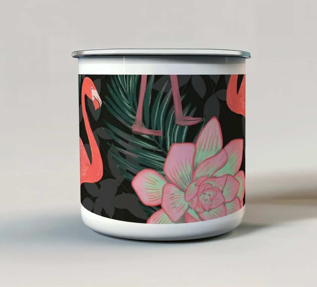 Fenicotteri disegnati a mano con fiori di loto e succulente tazza in smalto da gulsengunel