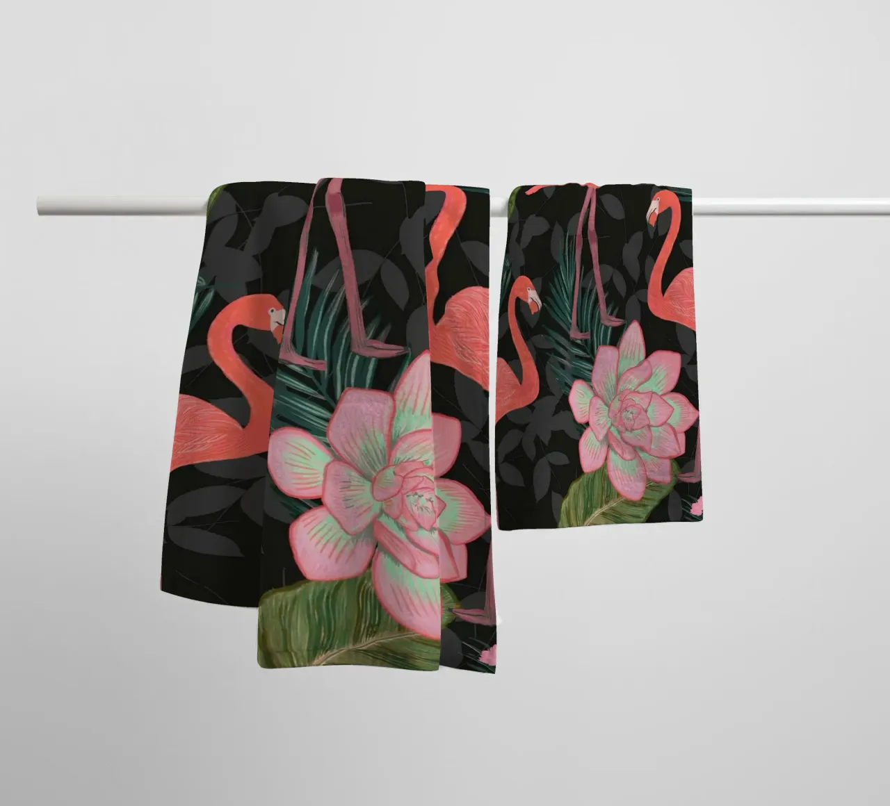 Hand Drawn Flamingos With Lotus Flowers and Succulent towel by gulsengunel