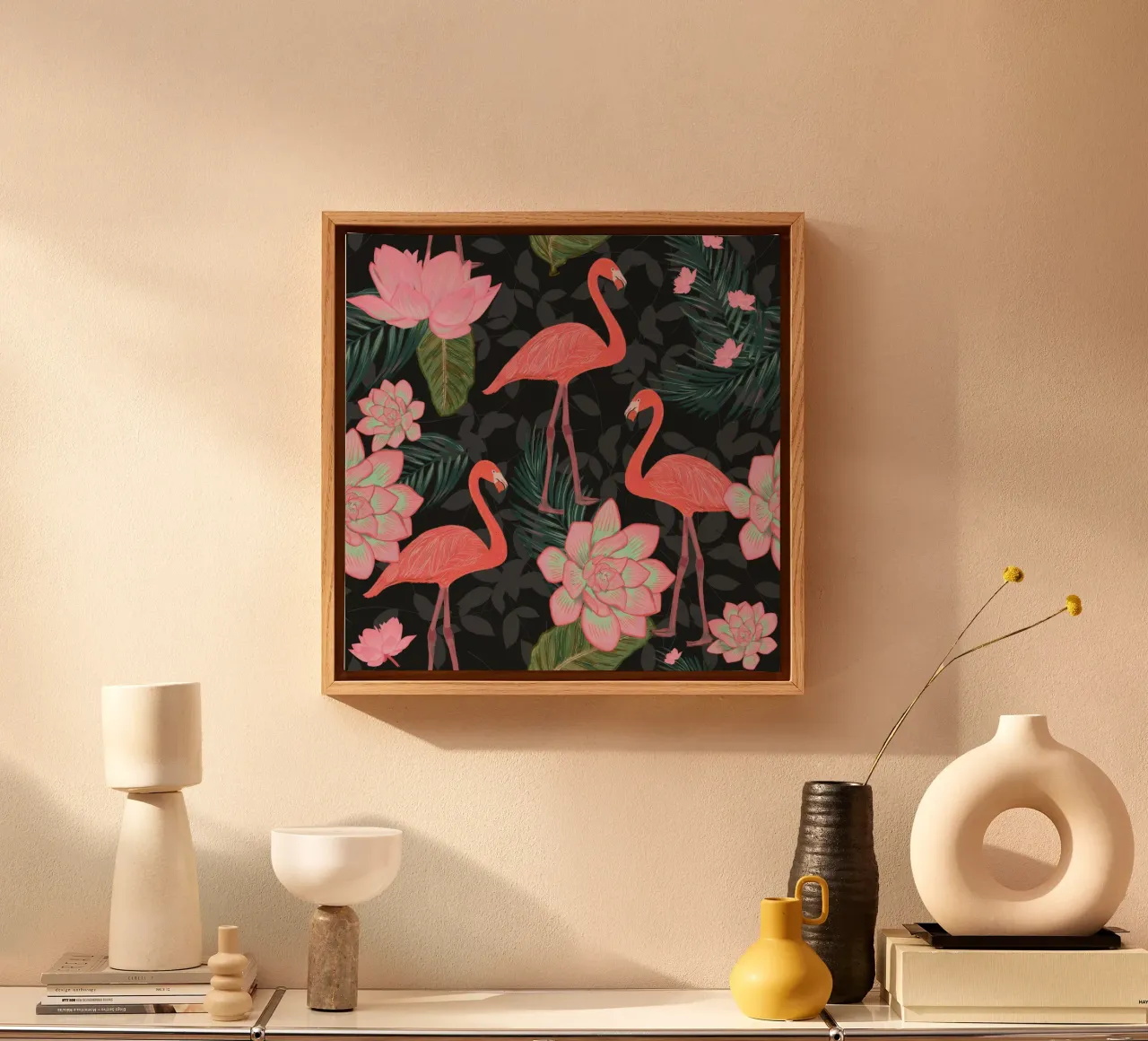 Hand Drawn Flamingos With Lotus Flowers and Succulent canvas with Floater frame by gulsengunel