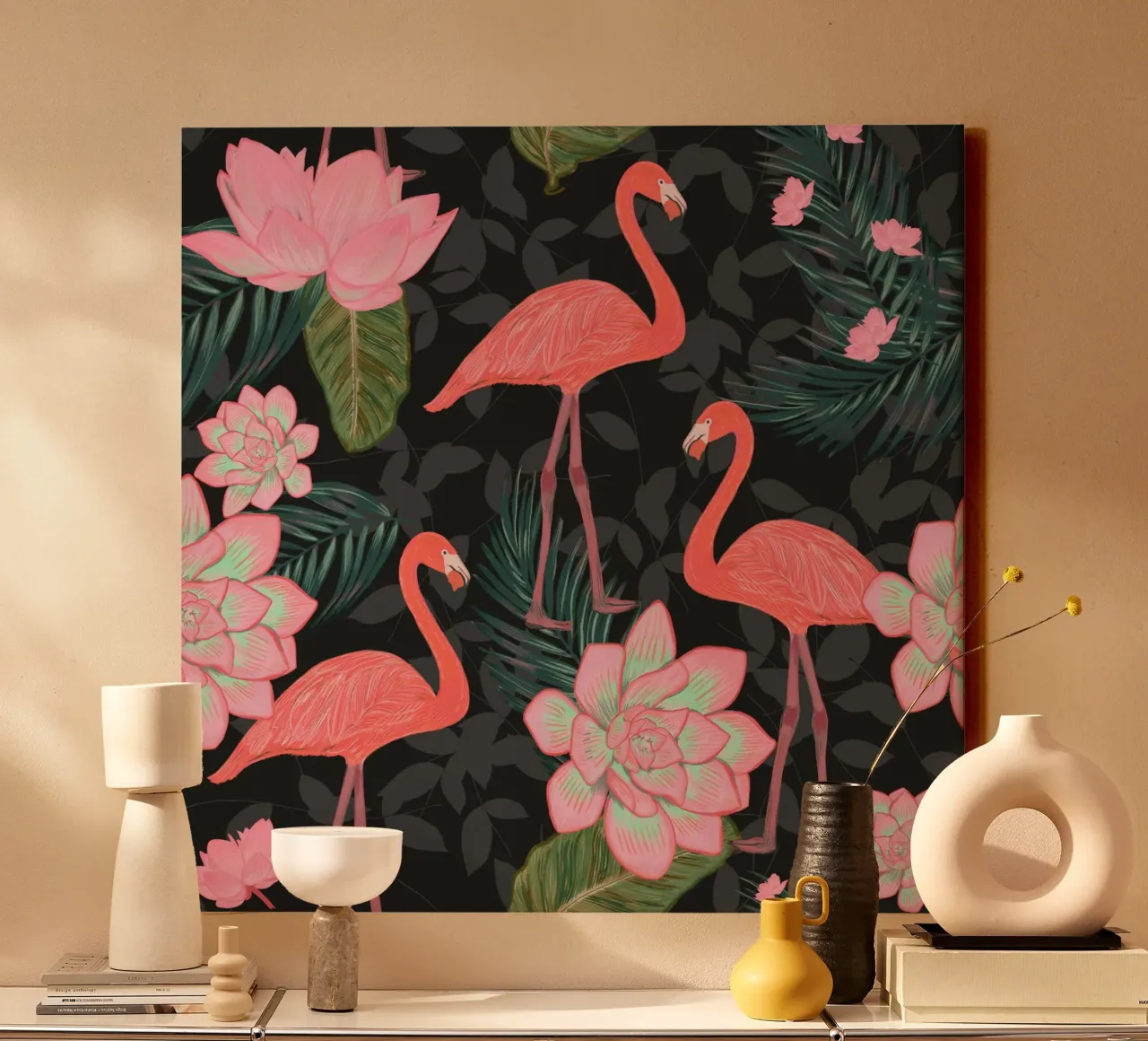Hand Drawn Flamingos With Lotus Flowers and Succulent canvas with Floater frame by gulsengunel