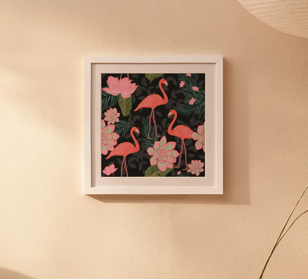 Fenicotteri disegnati a mano con fiori di loto e succulente poster con telaio in plastica da gulsengunel