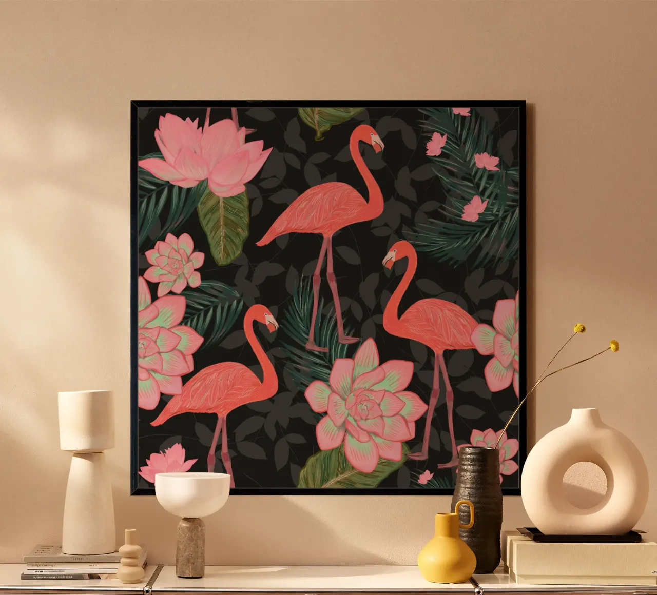 Fenicotteri disegnati a mano con fiori di loto e succulente poster con telaio in plastica da gulsengunel