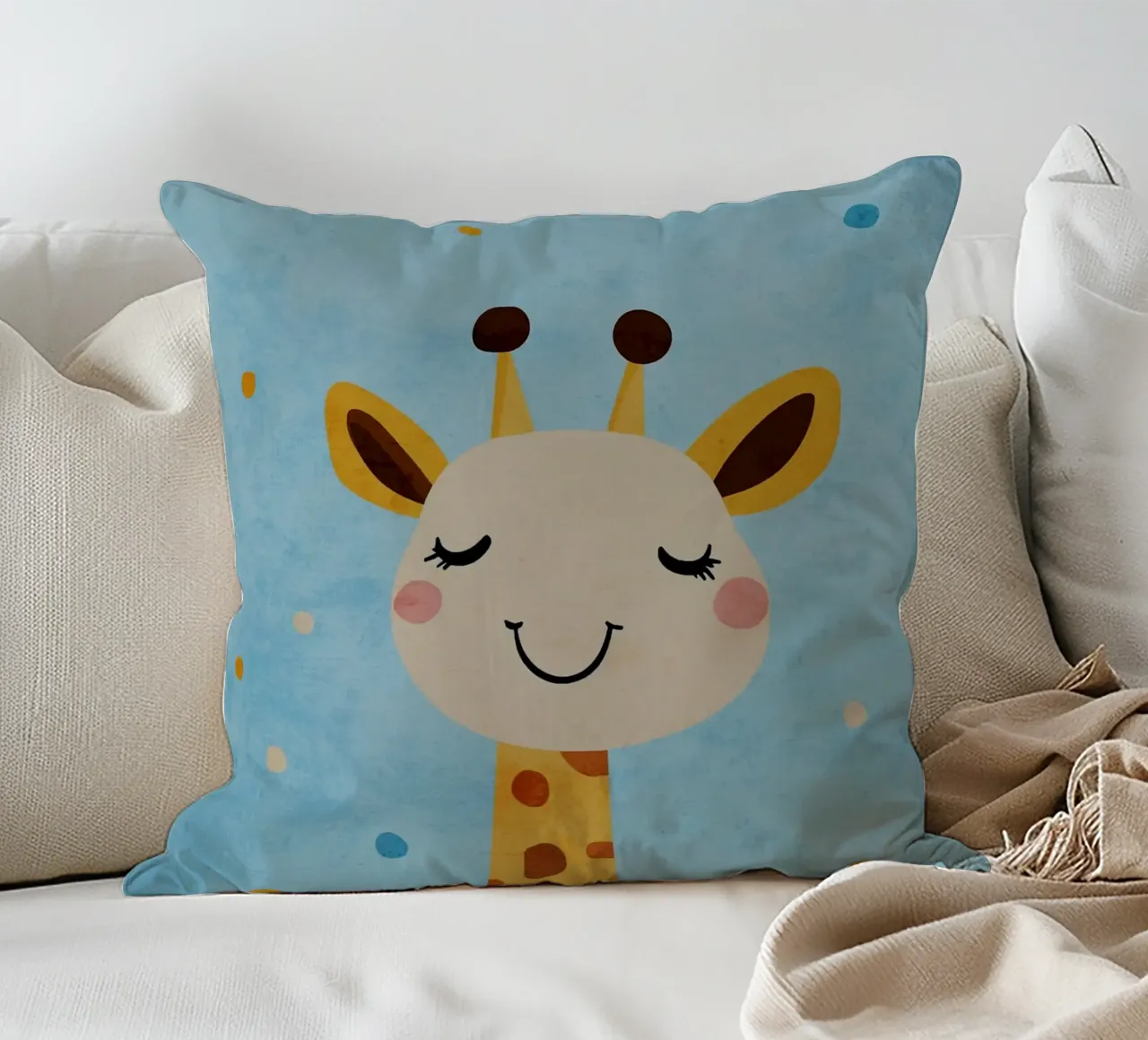 giraffa che sorride macchie occhi chiusi cuscino da Courtney Ohling