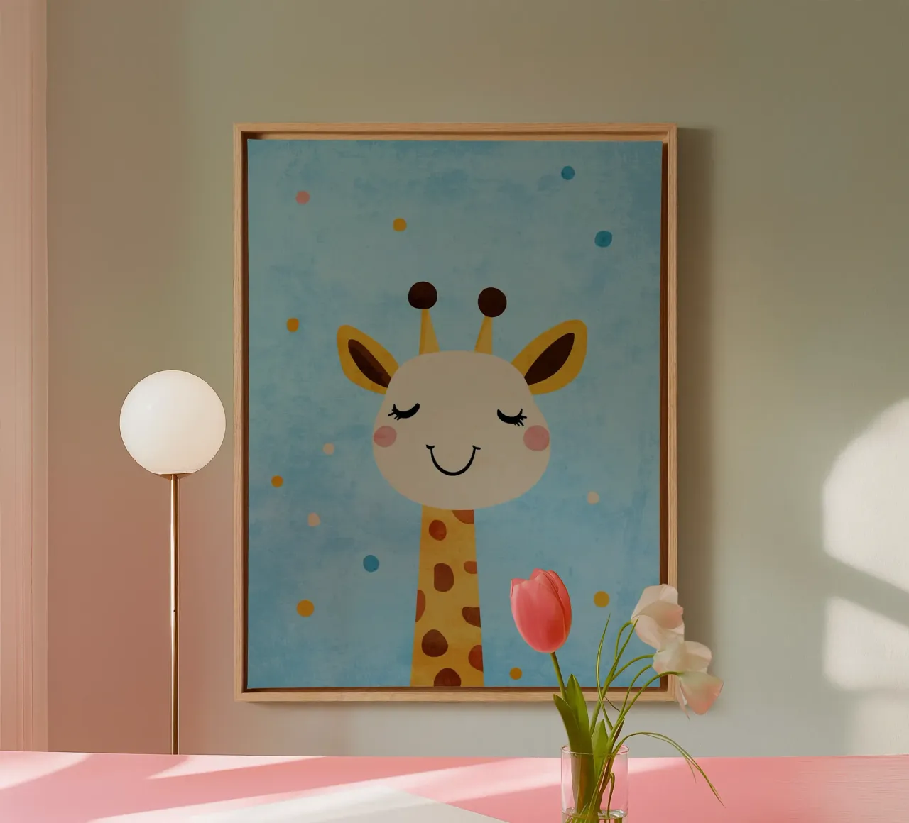 giraffa che sorride macchie occhi chiusi tela con Cornice a cassetta da Courtney Ohling