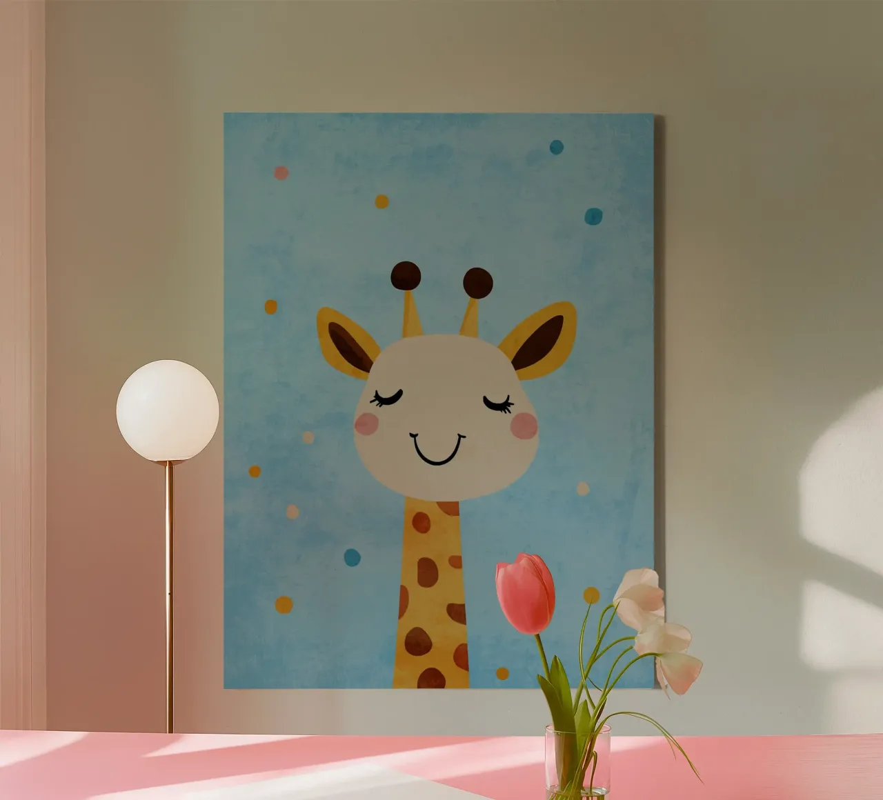 giraffa che sorride macchie occhi chiusi tela con Cornice a cassetta da Courtney Ohling