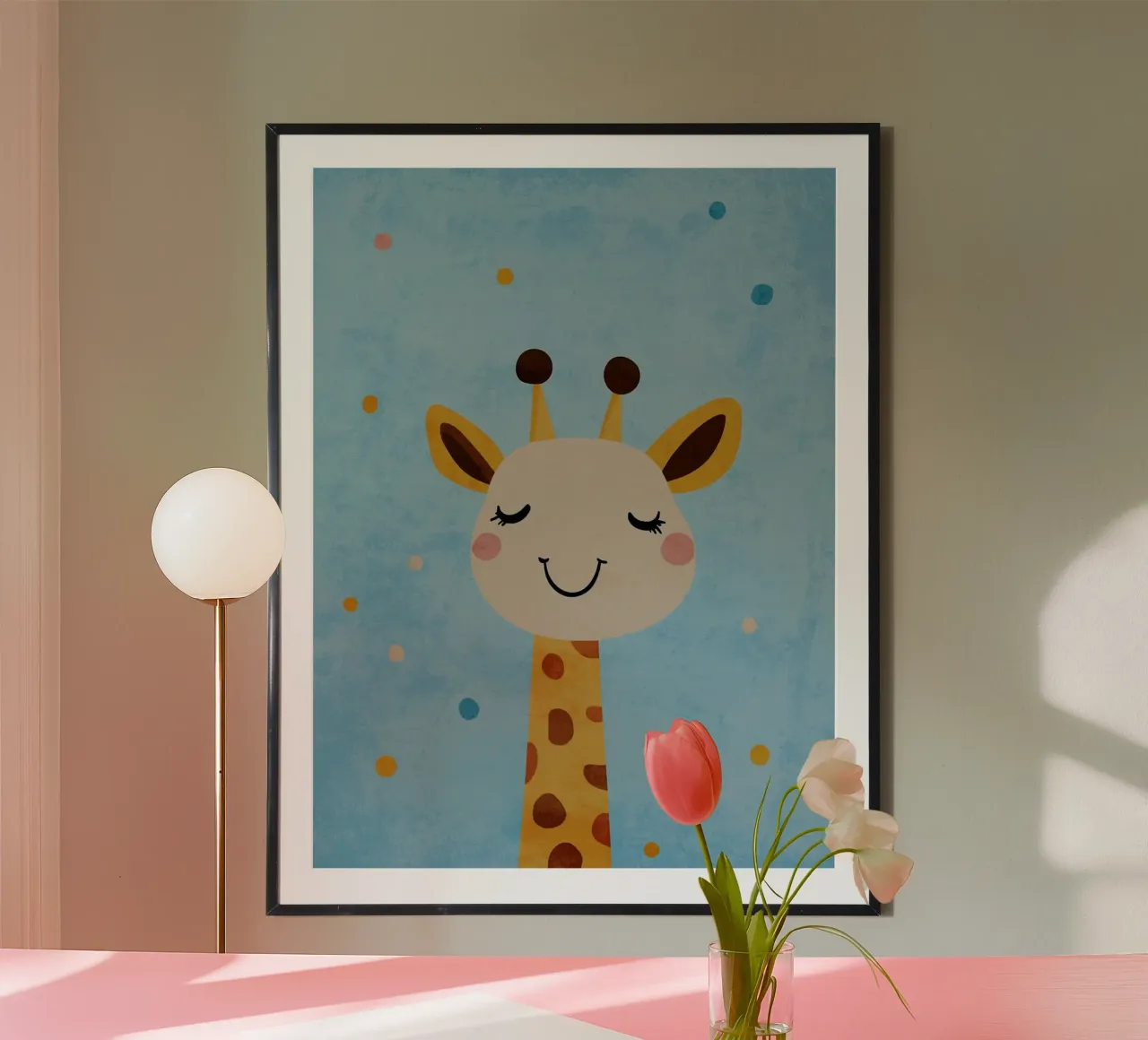 giraffa che sorride macchie occhi chiusi poster con telaio in legno da Courtney Ohling