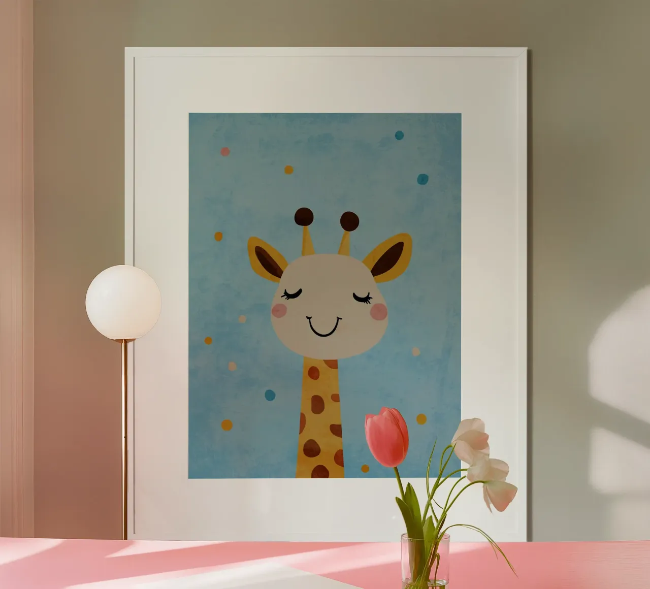 giraffa che sorride macchie occhi chiusi poster con telaio in legno da Courtney Ohling