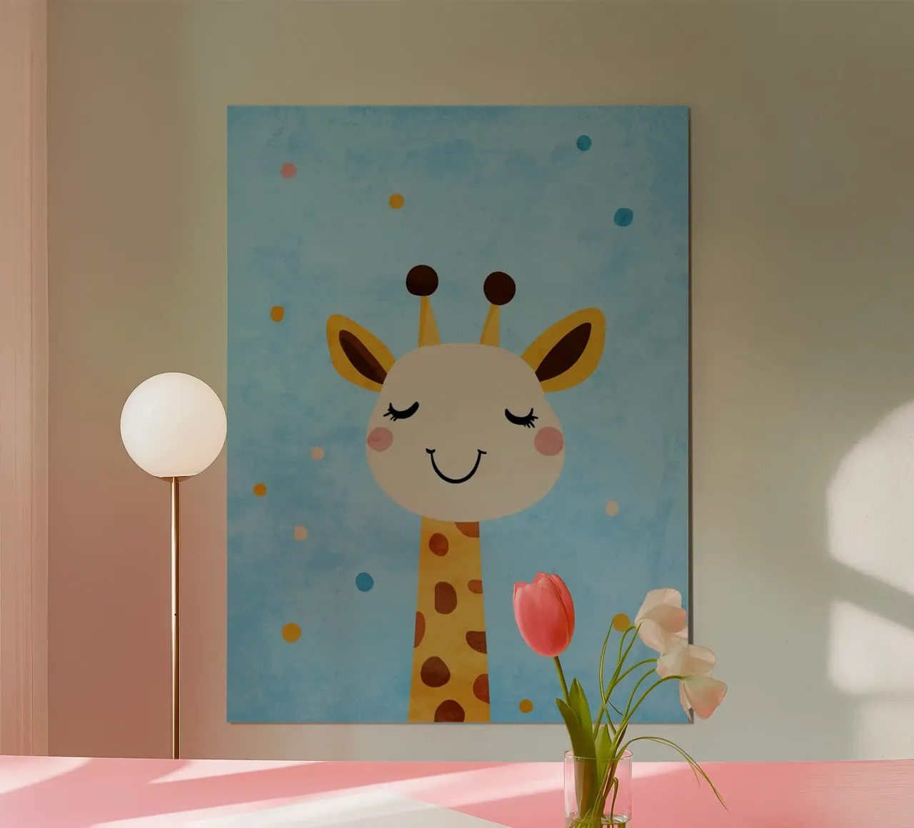 giraffa che sorride macchie occhi chiusi poster con telaio in legno da Courtney Ohling