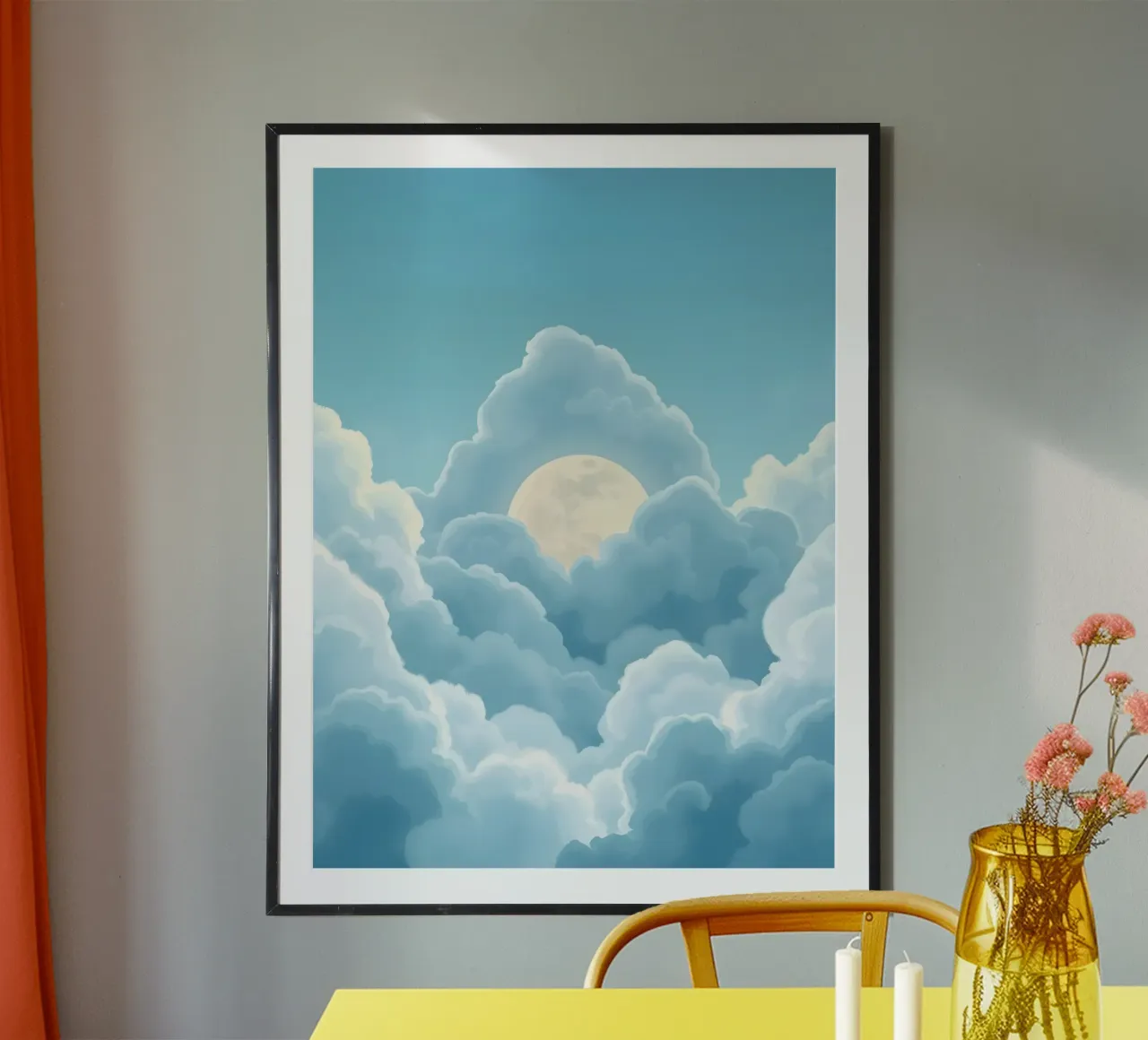 Ätherischer Mond zwischen weichen Wolken, Poster mit Holzrahmen von Artistic-shop
