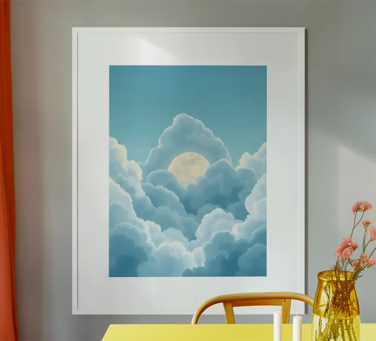 Ätherischer Mond zwischen weichen Wolken, Poster mit Holzrahmen von Artistic-shop