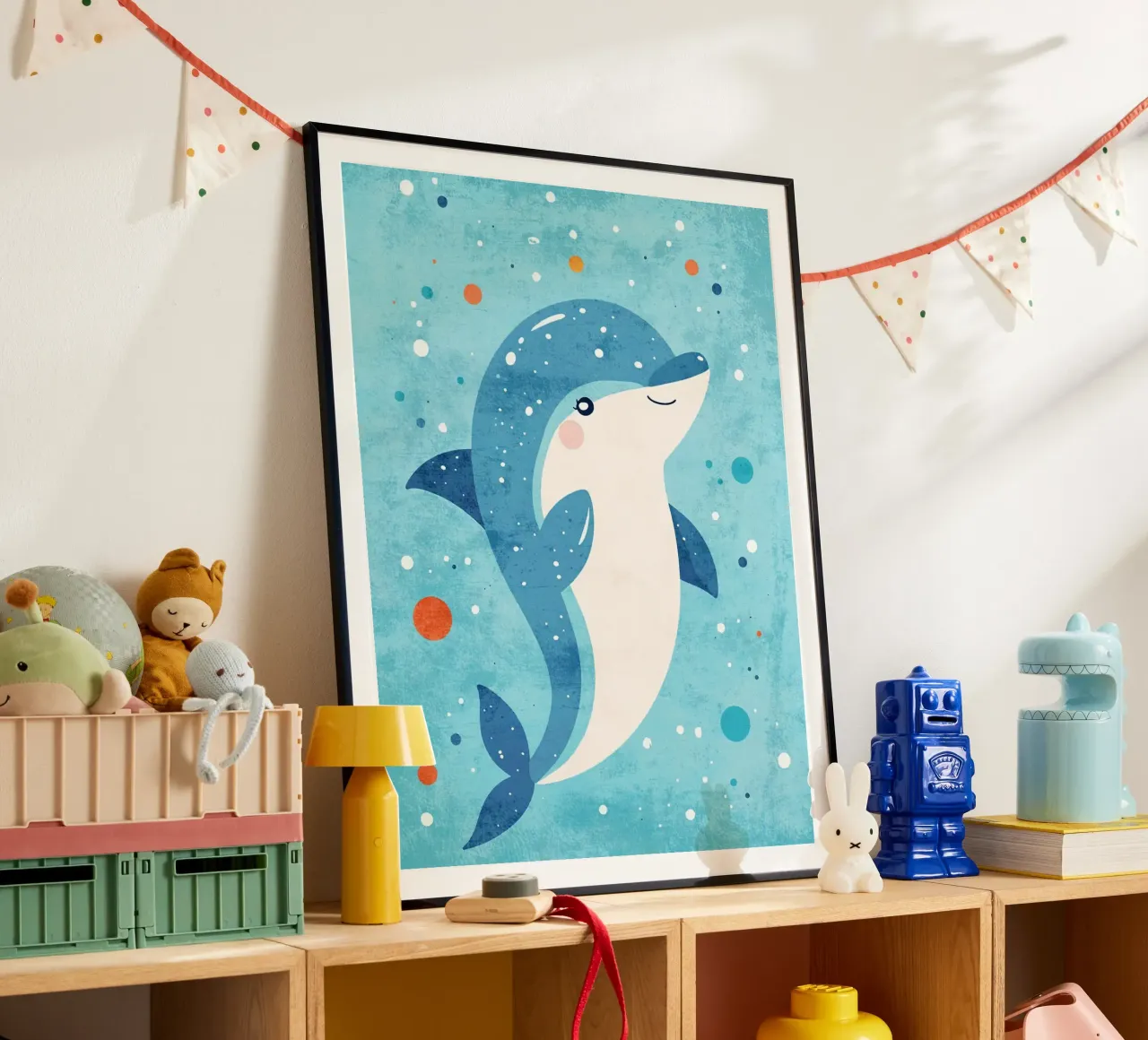 Delphin Meereslebewesen Meerestier Ozean Poster mit Holzrahmen von Courtney Ohling