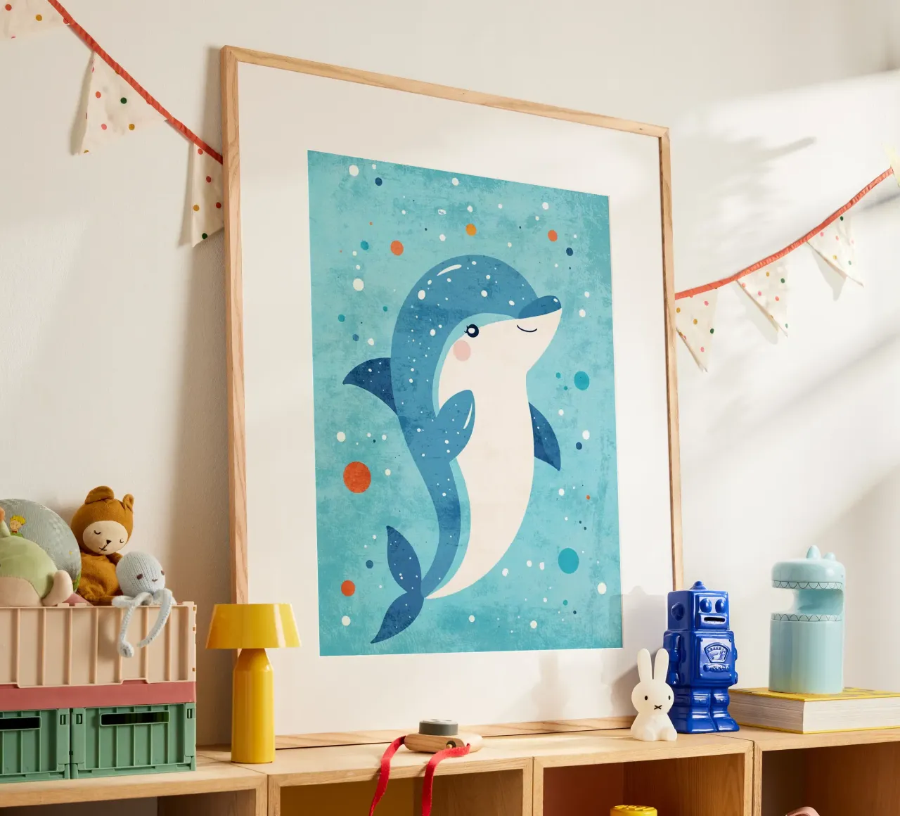 Delphin Meereslebewesen Meerestier Ozean Poster mit Holzrahmen von Courtney Ohling