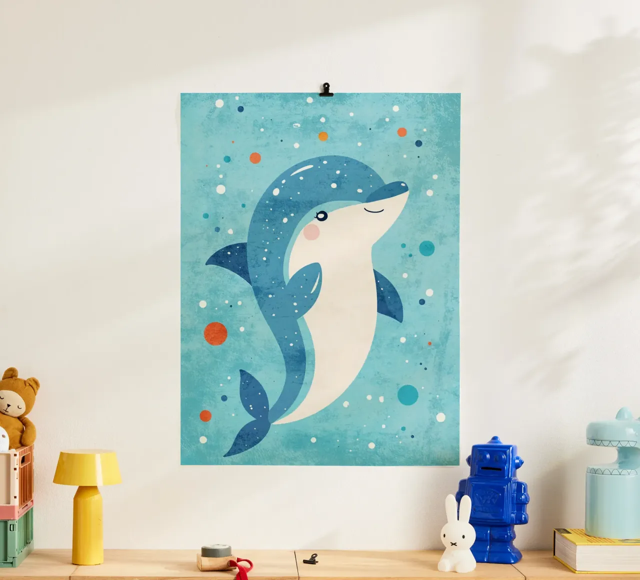 Delphin Meereslebewesen Meerestier Ozean Poster mit Holzrahmen von Courtney Ohling