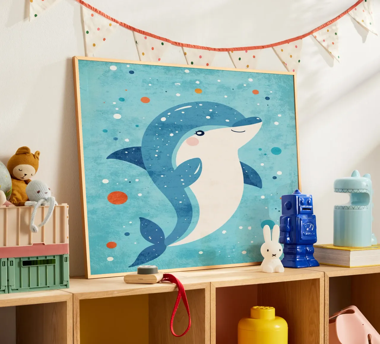 Delphin Meereslebewesen Meerestier Ozean Poster mit Holzrahmen von Courtney Ohling