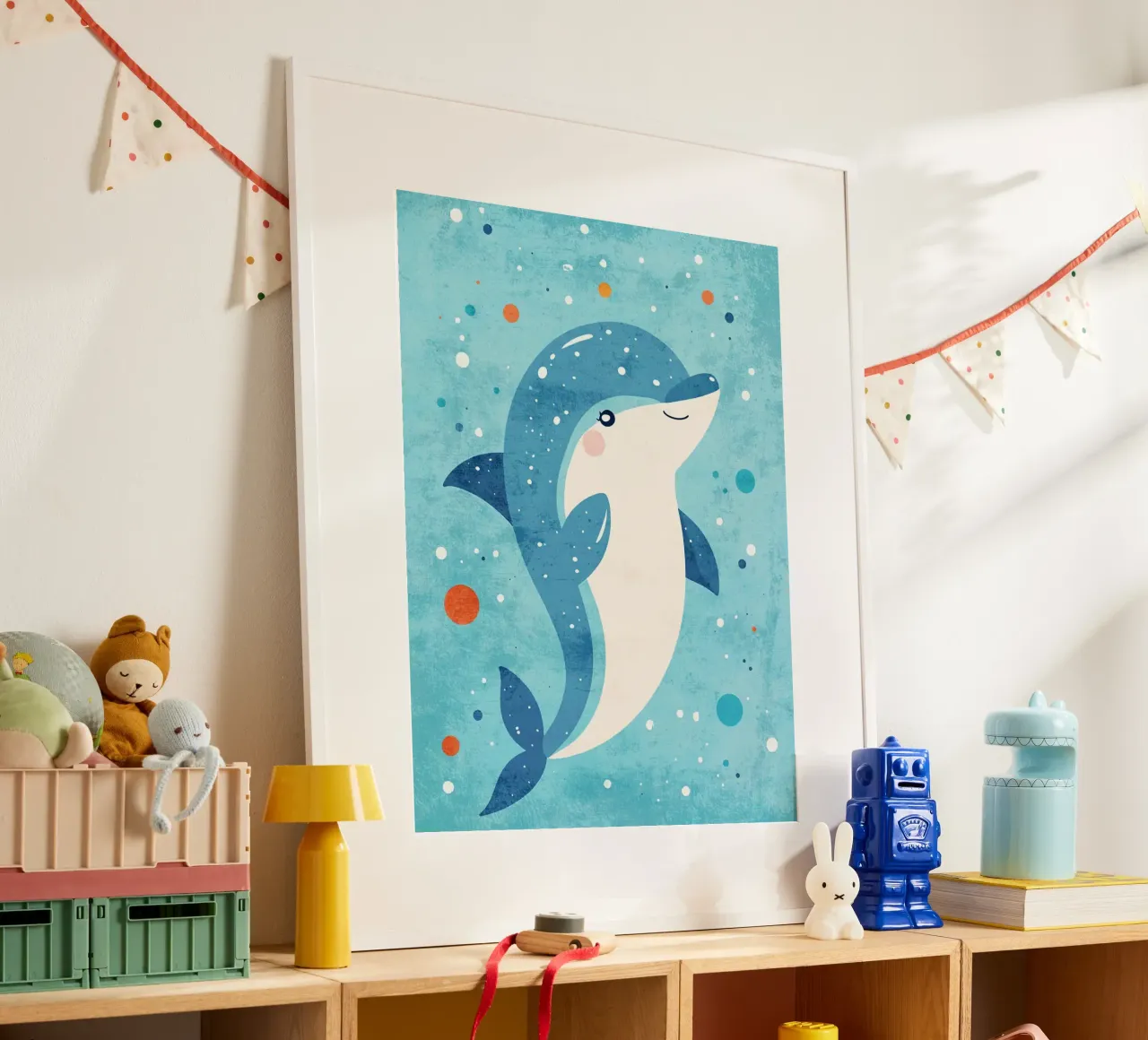 Delphin Meereslebewesen Meerestier Ozean Poster mit Holzrahmen von Courtney Ohling