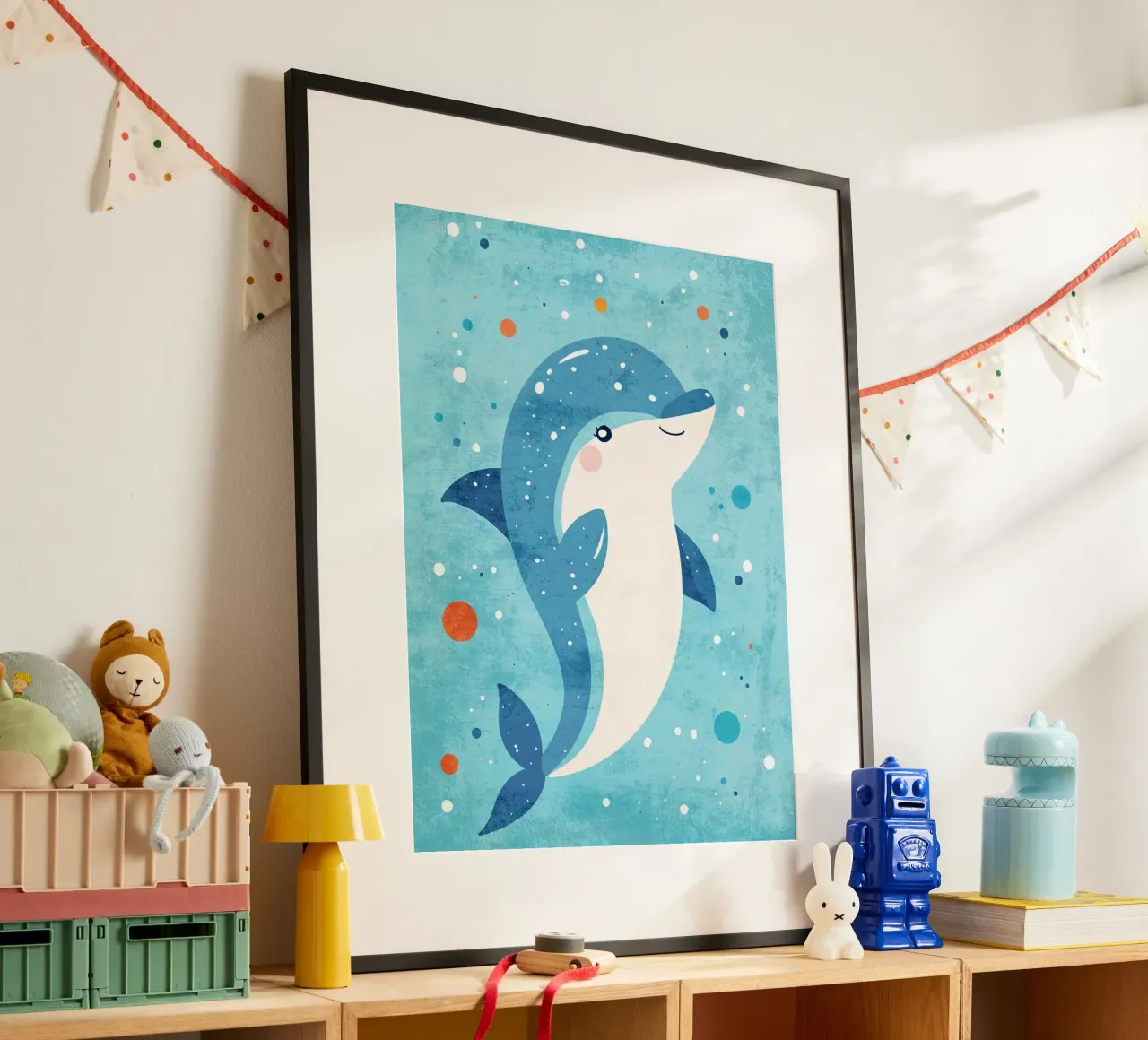 Delphin Meereslebewesen Meerestier Ozean Poster mit Holzrahmen von Courtney Ohling
