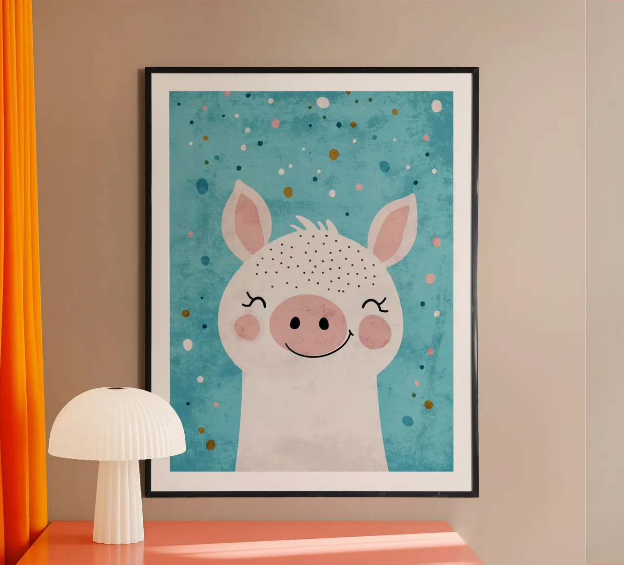 animale maiale baffi naso sorridente poster con telaio in legno da Courtney Ohling