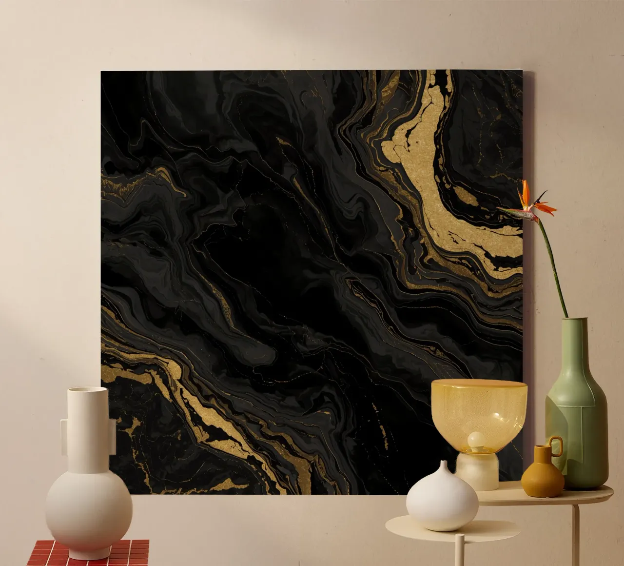Texture astratta marmorizzata nera, grigia e oro tela con Cornice a cassetta da DesignDoodle