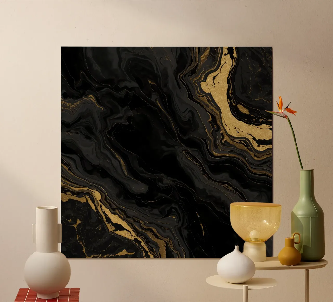 Texture astratta marmorizzata nera, grigia e oro poster con telaio in alluminio da DesignDoodle
