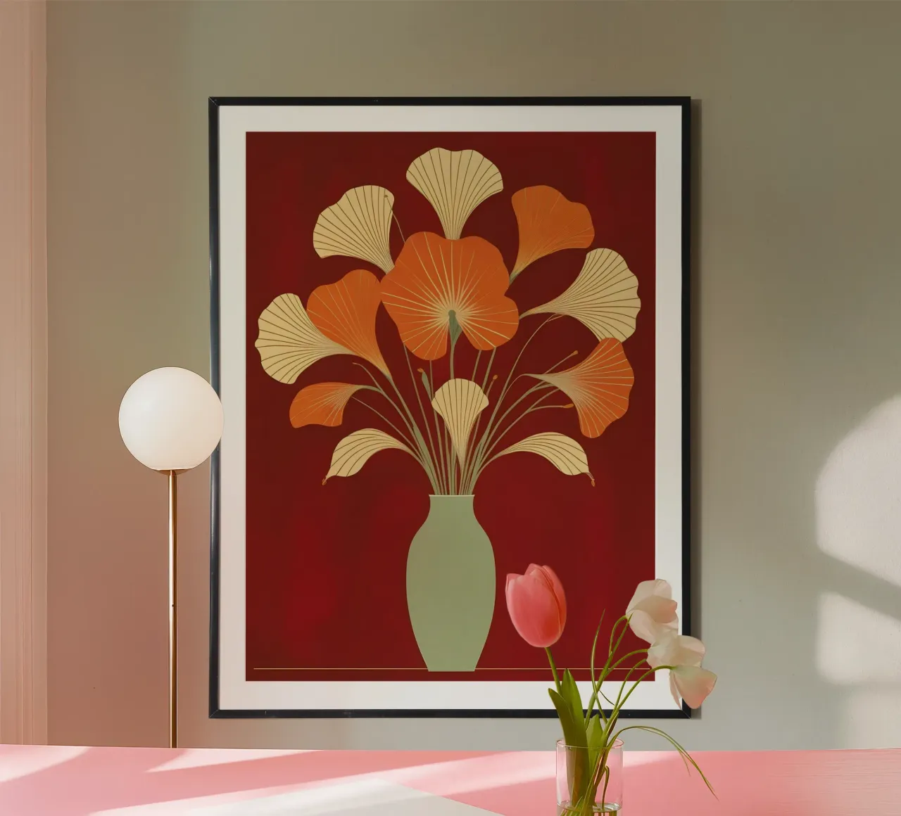 Bouquet floreale radiale astratto in arancione e crema poster con telaio in plastica da Artistic-shop