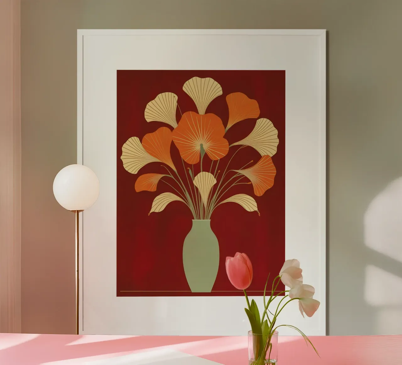 Bouquet floreale radiale astratto in arancione e crema poster con telaio in plastica da Artistic-shop