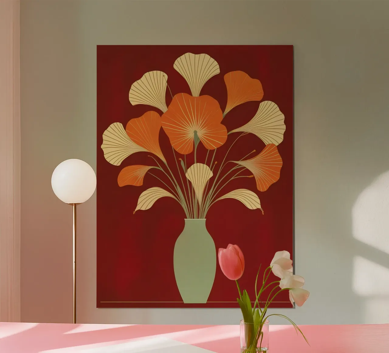 Bouquet floreale radiale astratto in arancione e crema poster con telaio in plastica da Artistic-shop