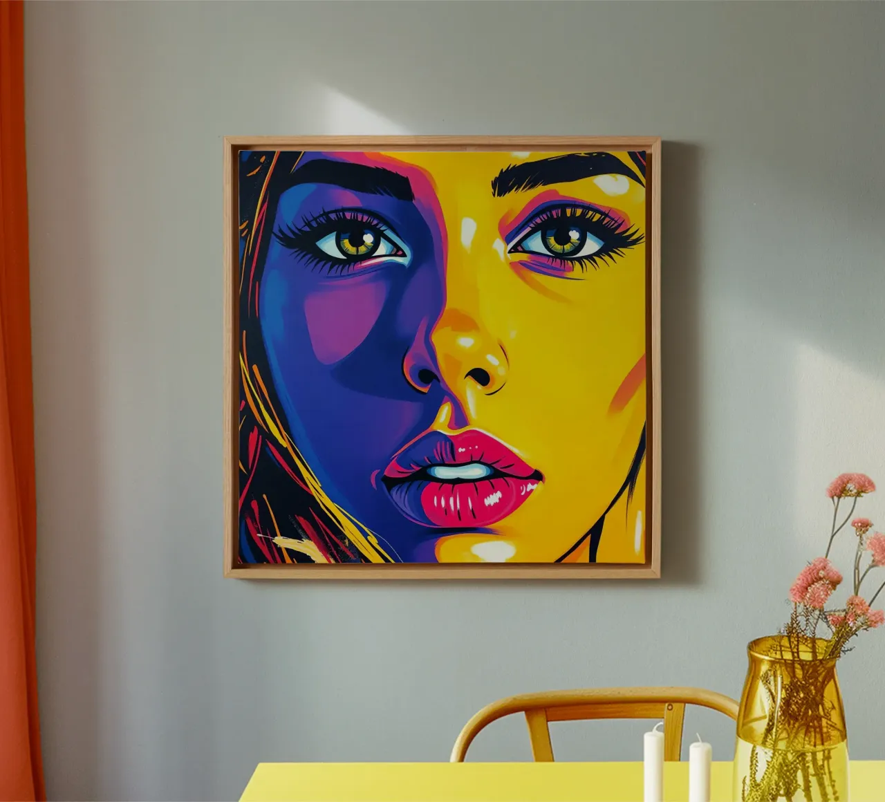 Woman's Face with Yellow and Purple Color art canvas with Floater frame by DesignDoodle