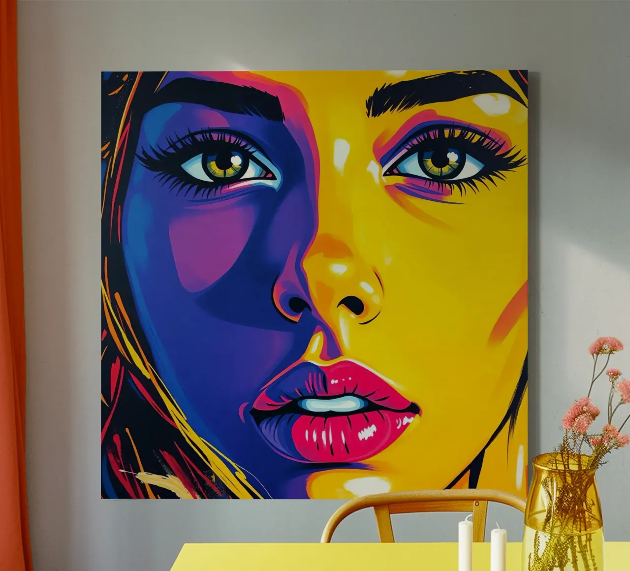Woman's Face with Yellow and Purple Color art canvas with Floater frame by DesignDoodle