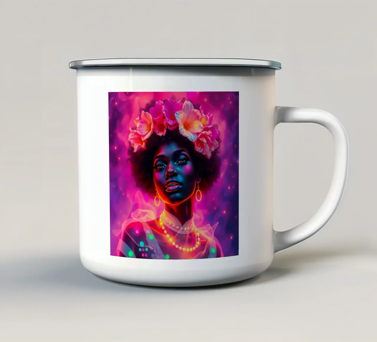 Donna con corona di fiori ritratto tazza in smalto da DesignDoodle