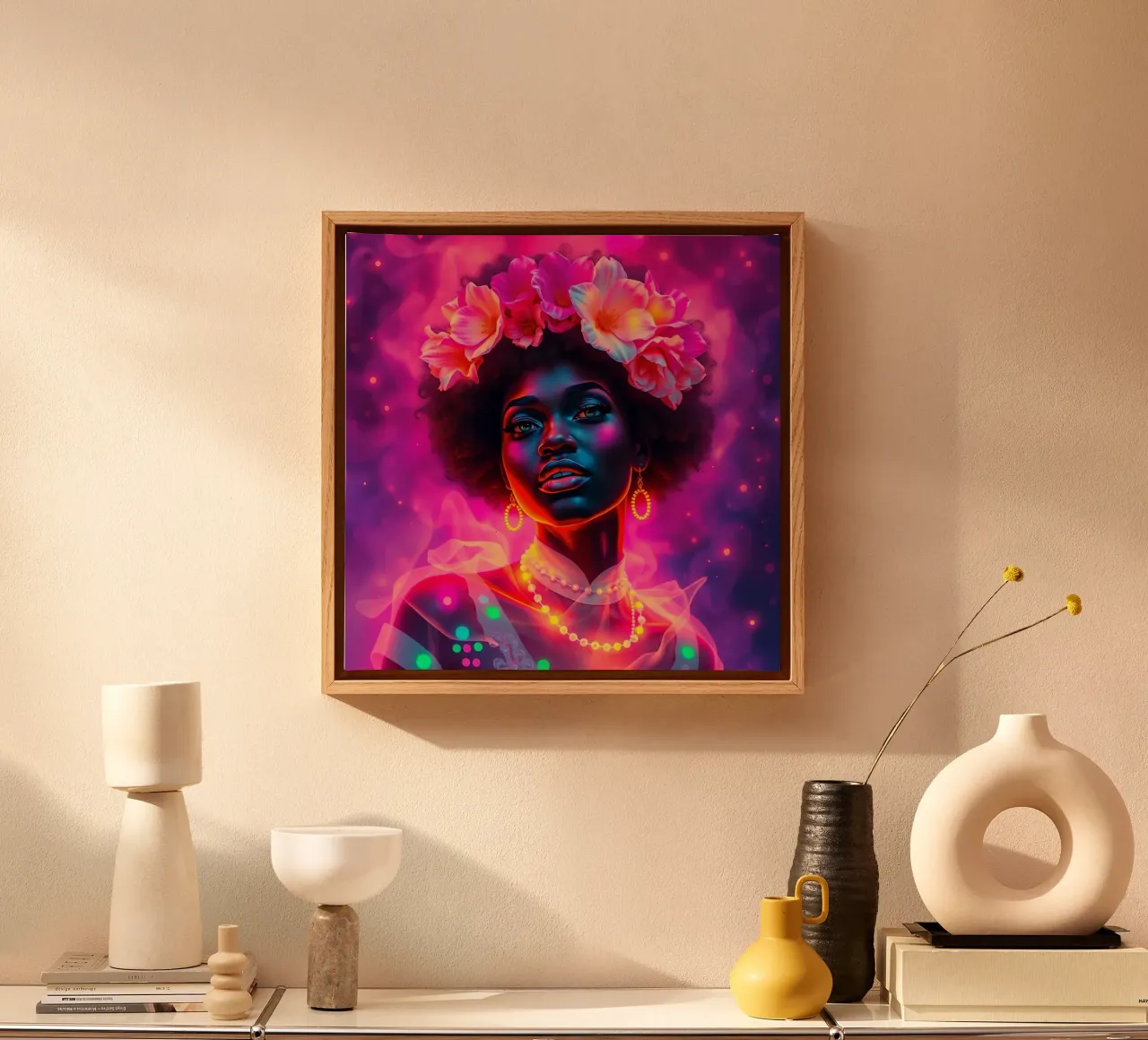 Portrait d'une femme avec une couronne de fleurs toile avec Caisse américaine de DesignDoodle