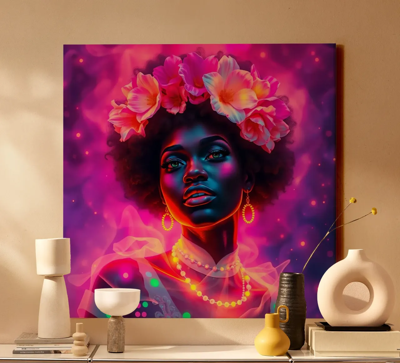 Portrait d'une femme avec une couronne de fleurs toile avec Caisse américaine de DesignDoodle