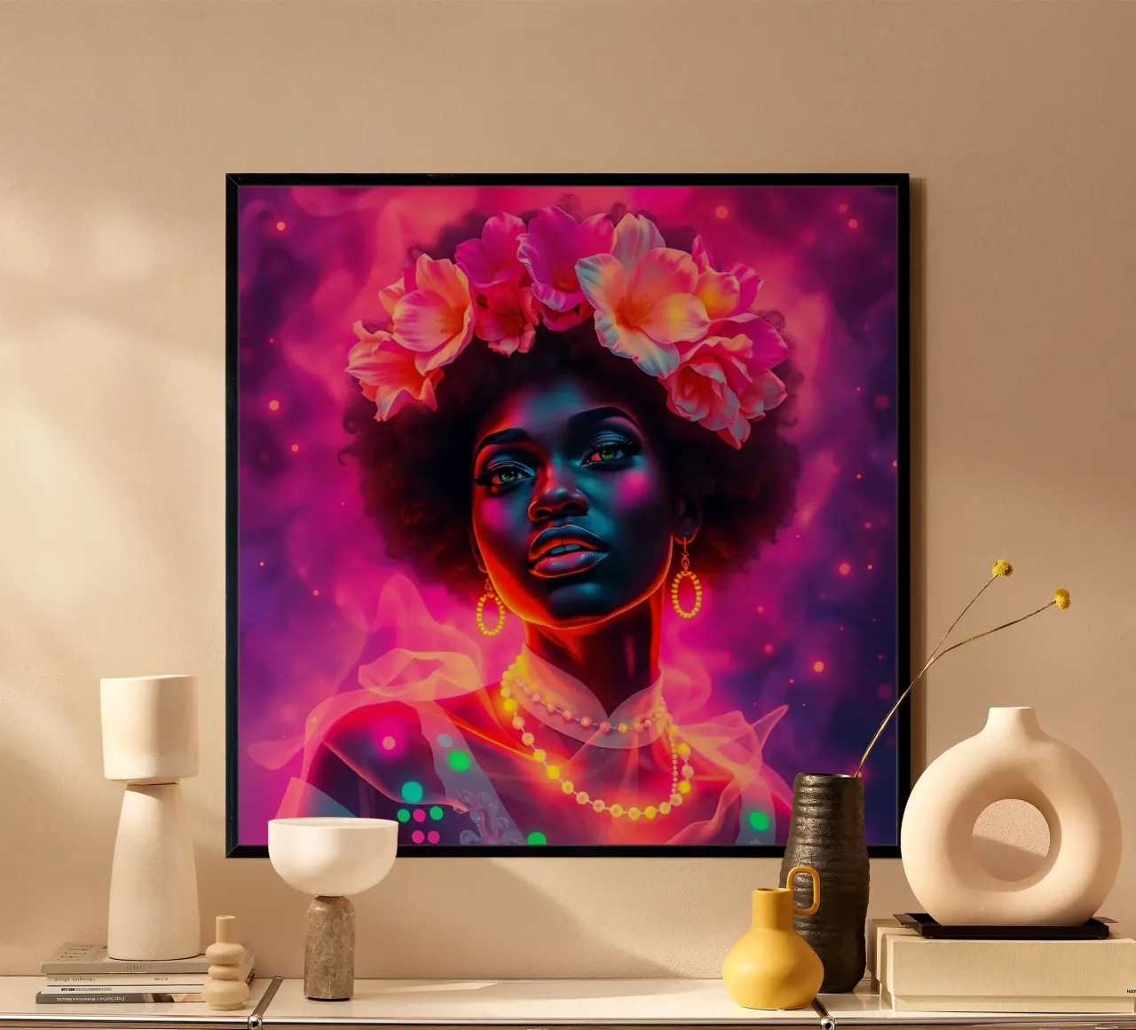 Donna con corona di fiori ritratto poster con telaio in plastica da DesignDoodle