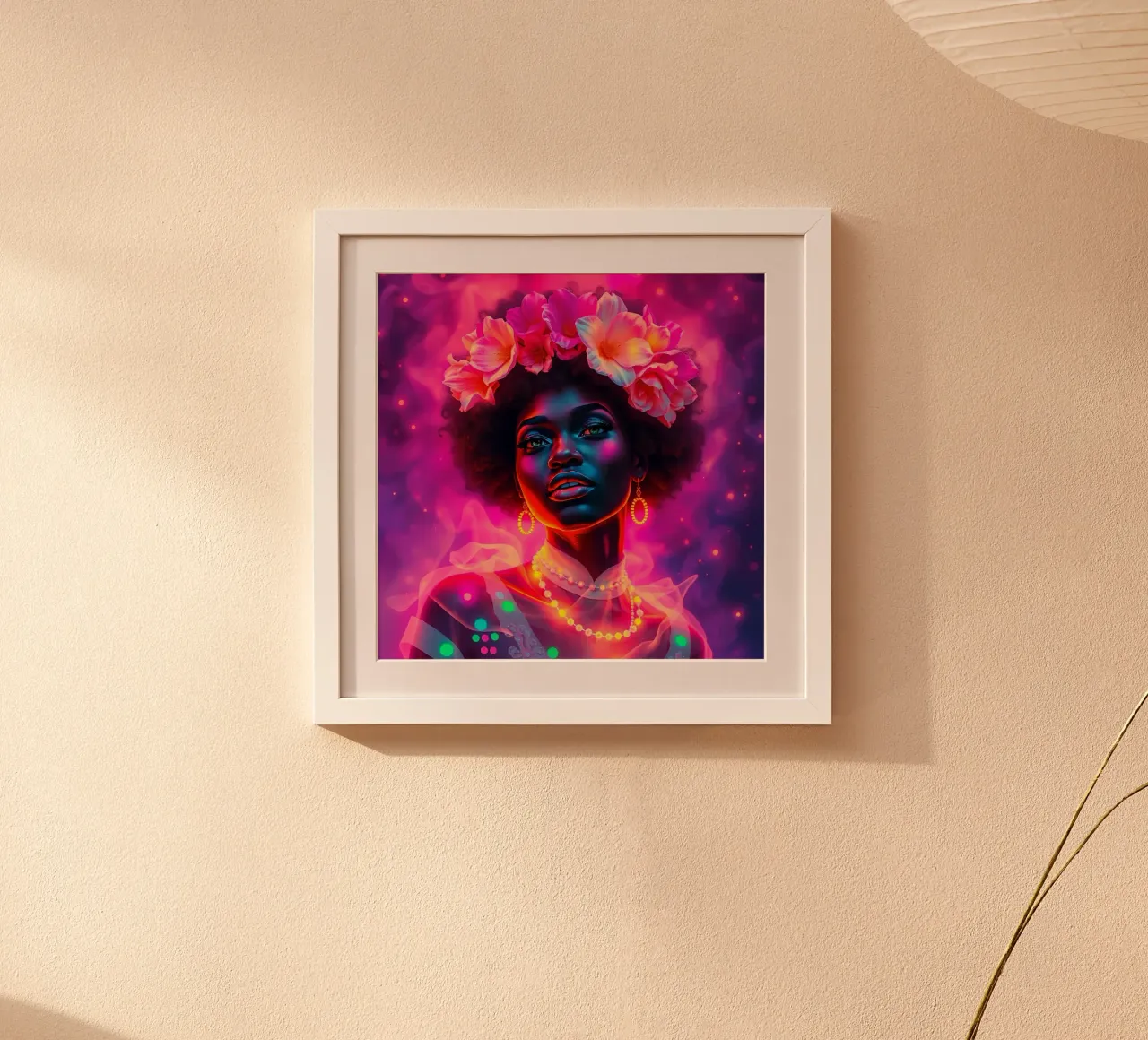 Donna con corona di fiori ritratto poster con telaio in plastica da DesignDoodle