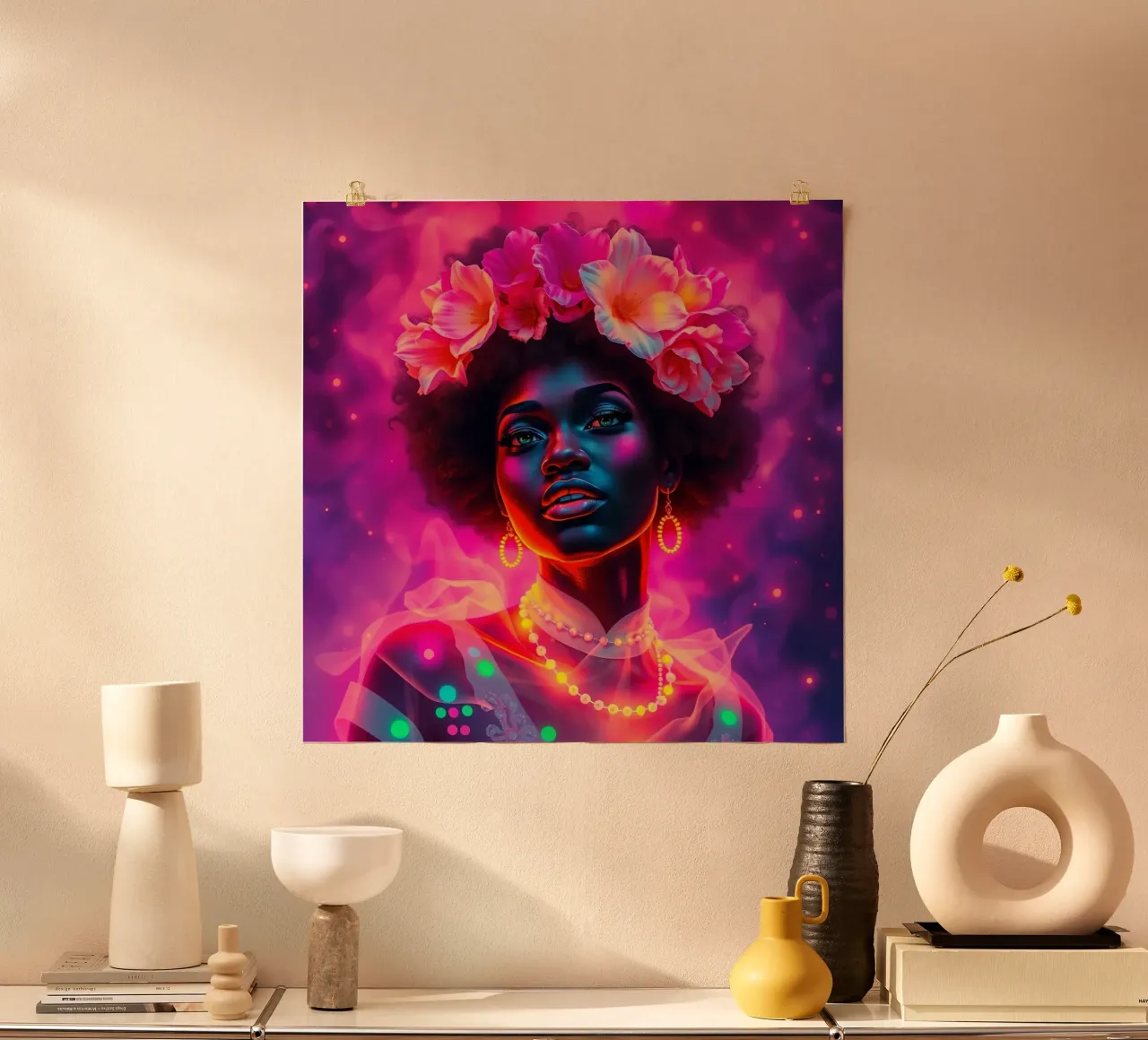 Donna con corona di fiori ritratto poster con telaio in plastica da DesignDoodle