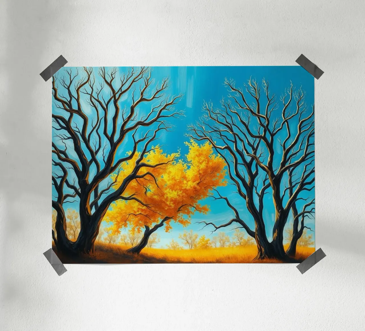 Un vibrante paesaggio impressionista di rami spogli e di un albero di Natale. poster da Artistic-shop