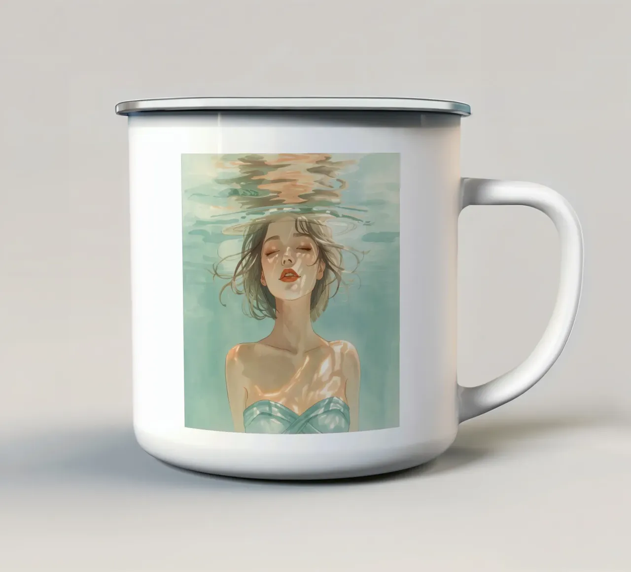 Donna immersa sott'acqua con rifrazione tazza in smalto da DesignDoodle