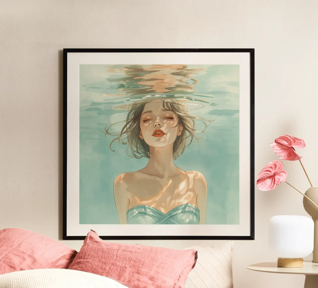Donna immersa sott'acqua con rifrazione poster con telaio in alluminio da DesignDoodle