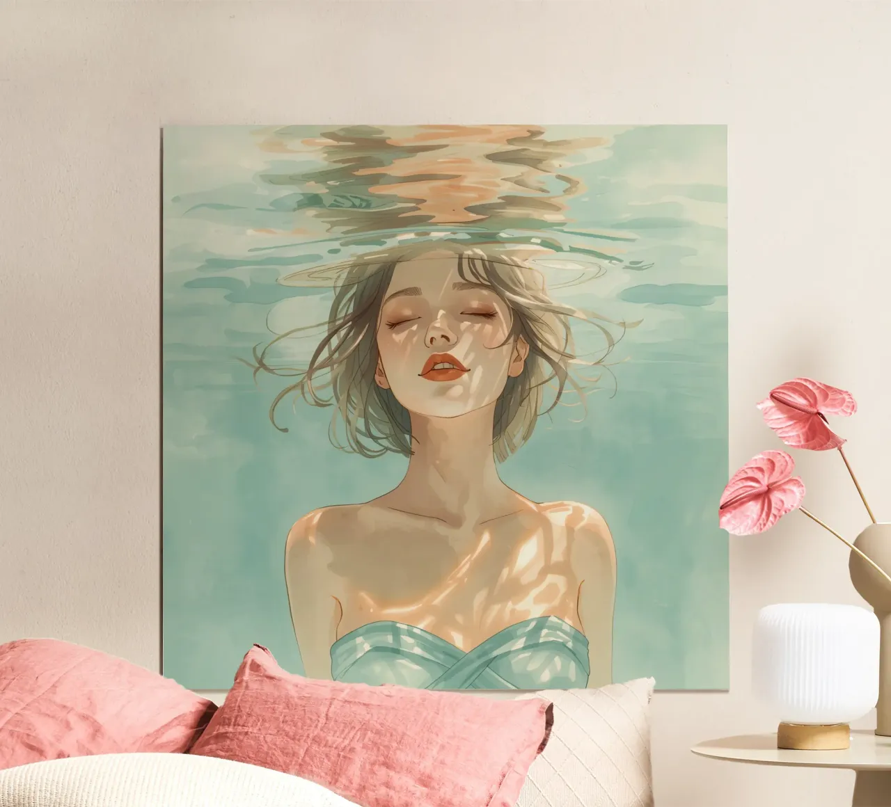 Donna immersa sott'acqua con rifrazione poster con telaio in alluminio da DesignDoodle