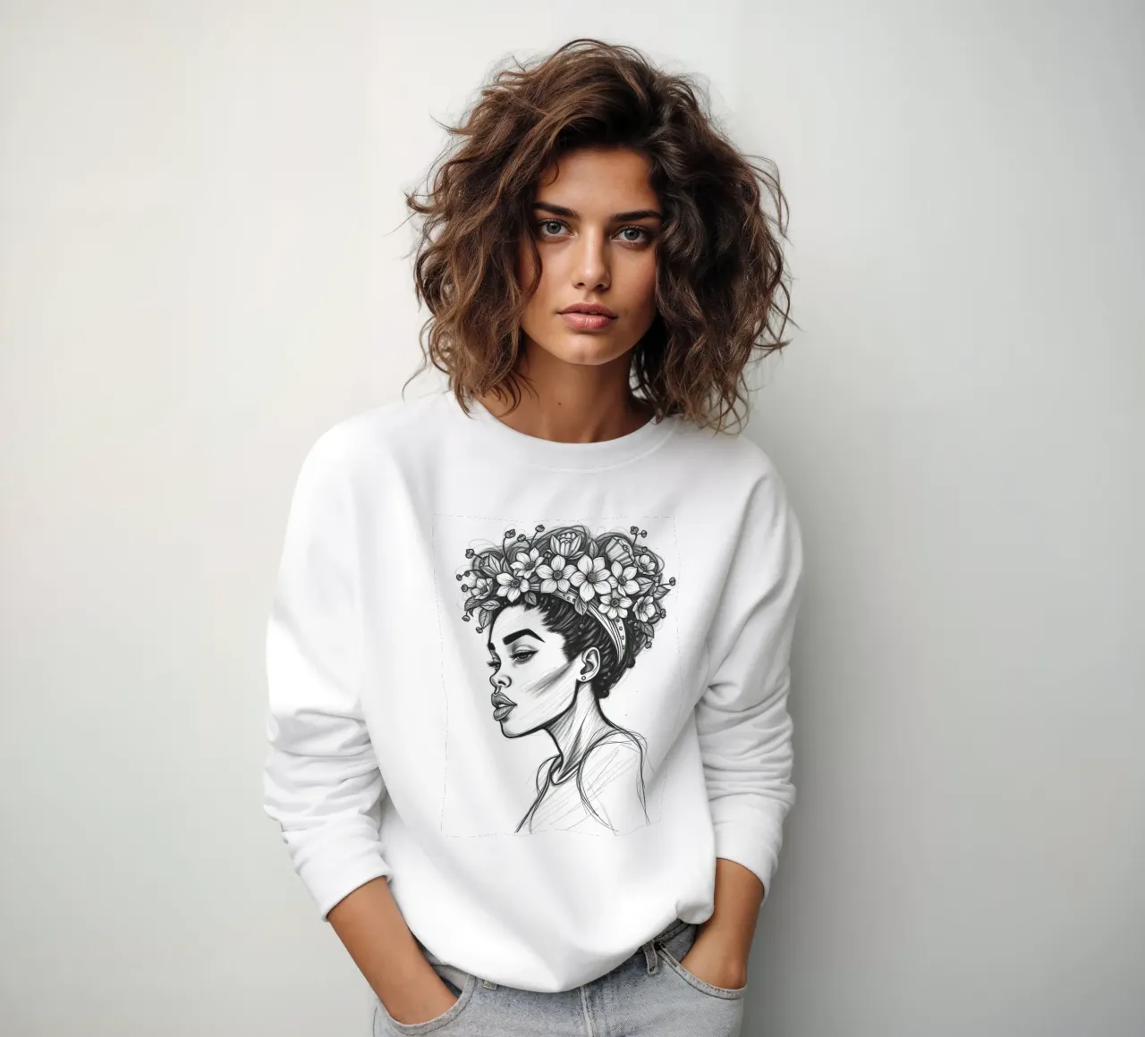 Donna di profilo con corona di fiori Schizzo in bianco e nero felpa da DesignDoodle