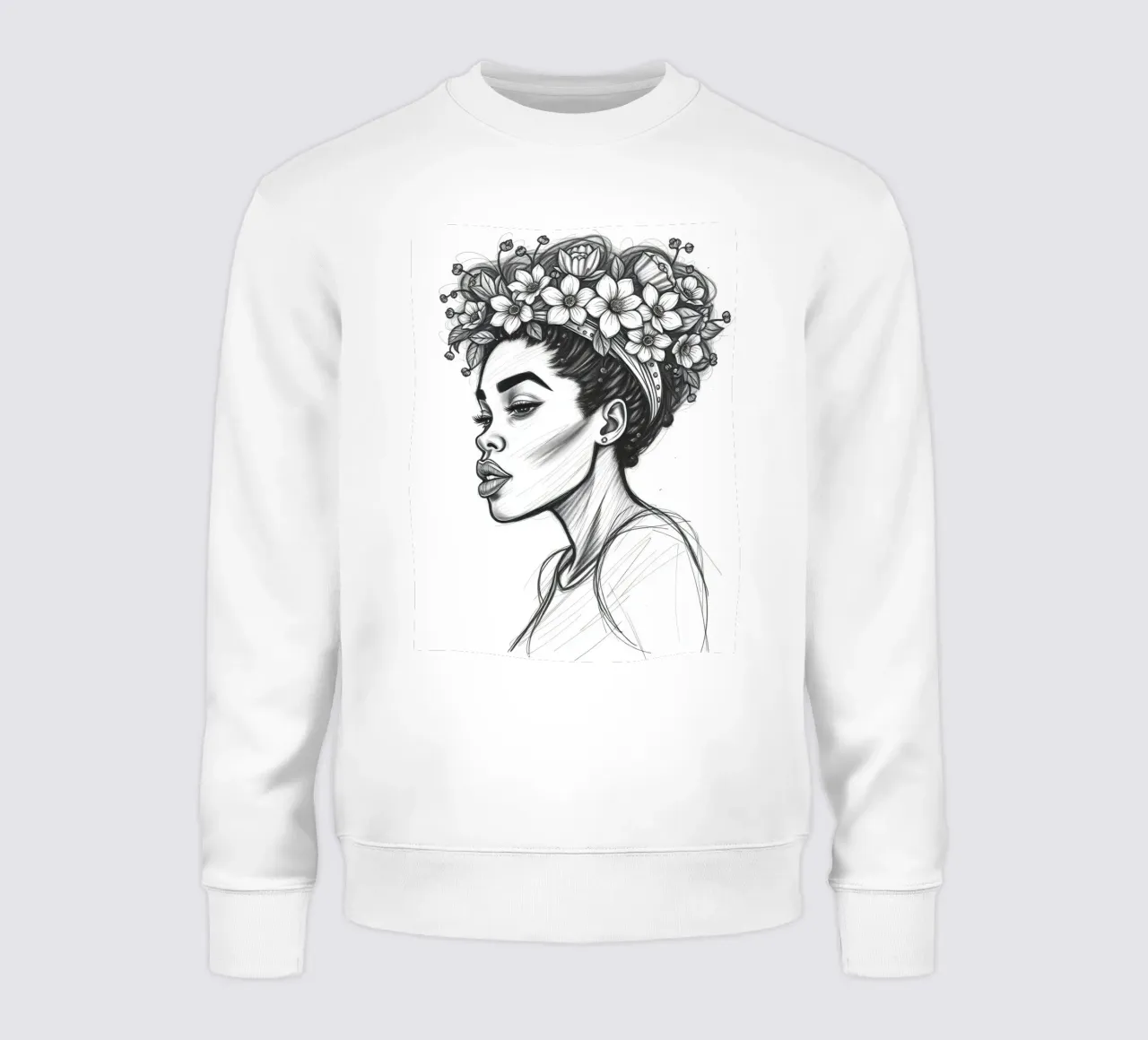 Donna di profilo con corona di fiori Schizzo in bianco e nero felpa da DesignDoodle