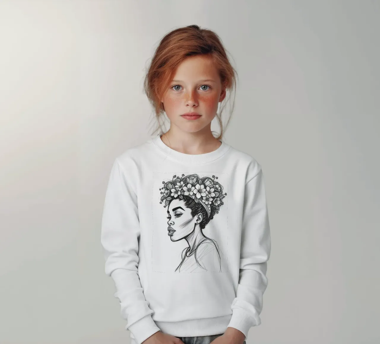 Donna di profilo con corona di fiori Schizzo in bianco e nero felpa bambino da DesignDoodle