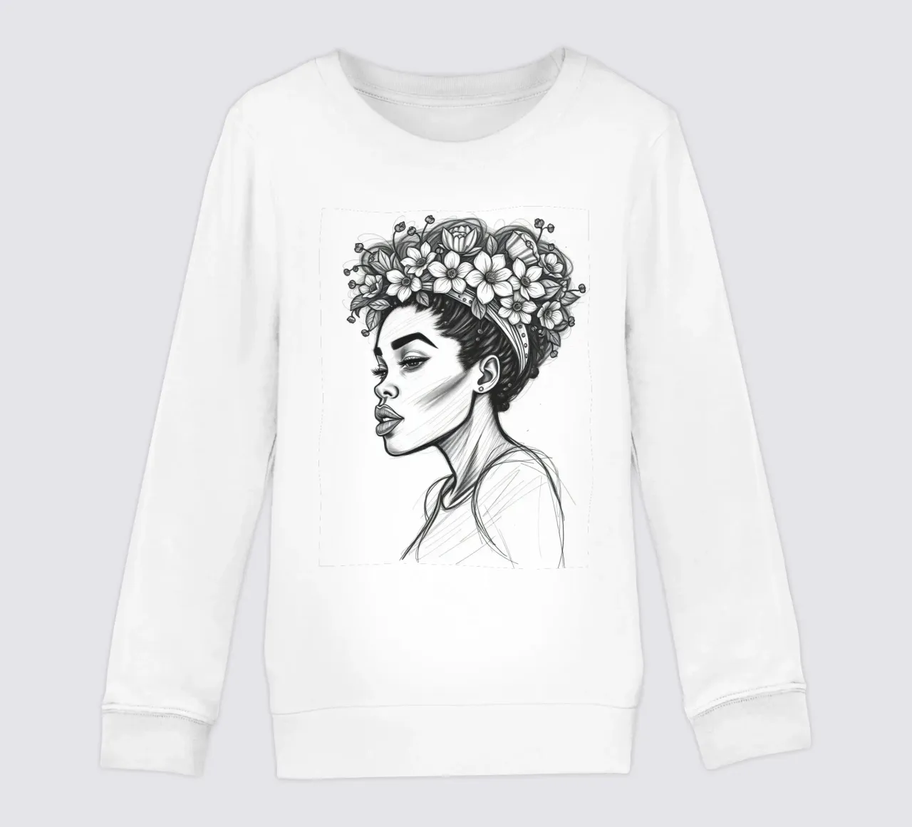 Donna di profilo con corona di fiori Schizzo in bianco e nero felpa bambino da DesignDoodle